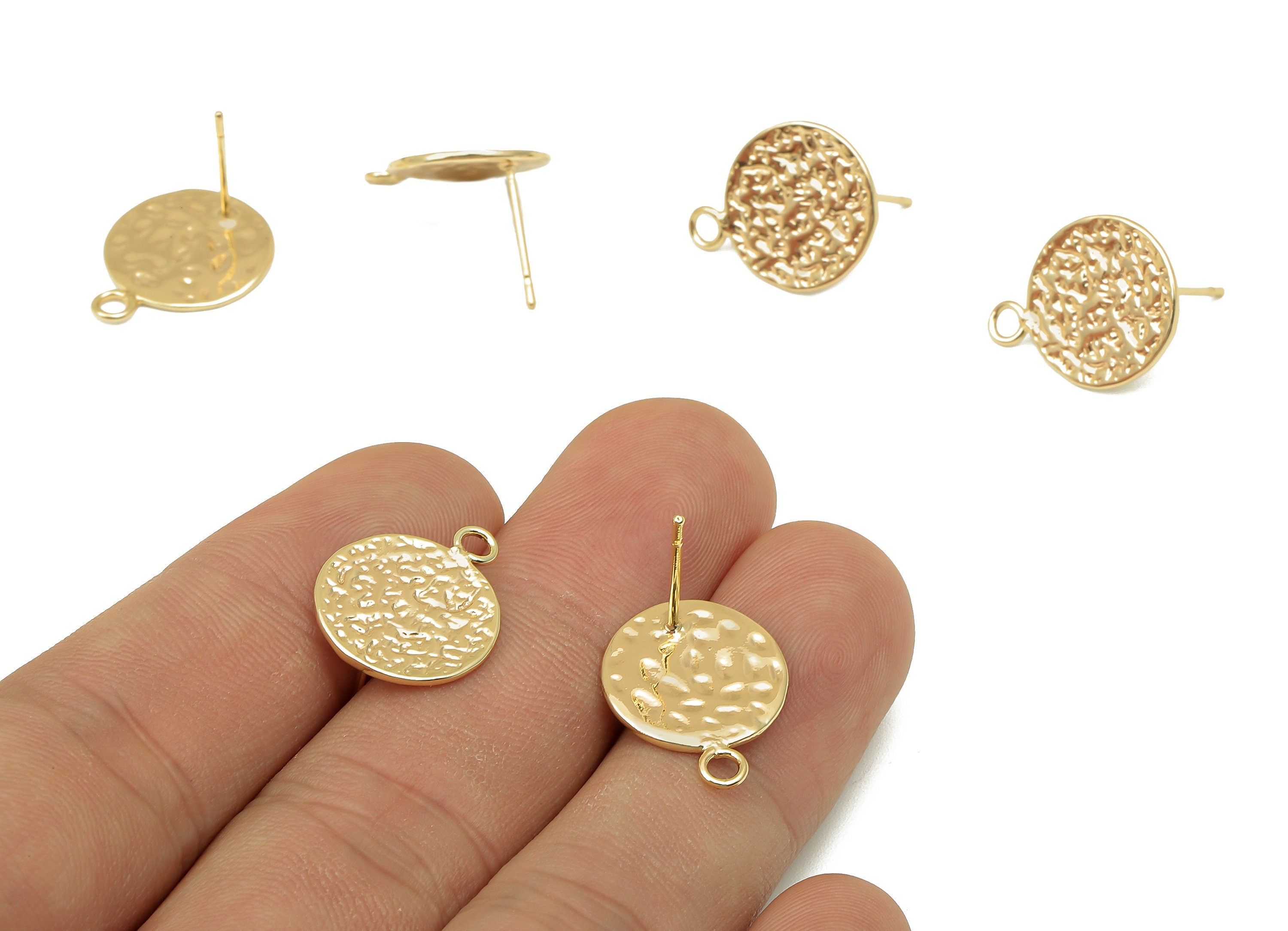 Brass Hammered Round Earring Post - Circle Stud Earring With Loop - 316 Stainless Steel - 18K Real Gold Plating - 17.9x14.2x0.9mm - RGP5760 - DOMEDBAZAAR