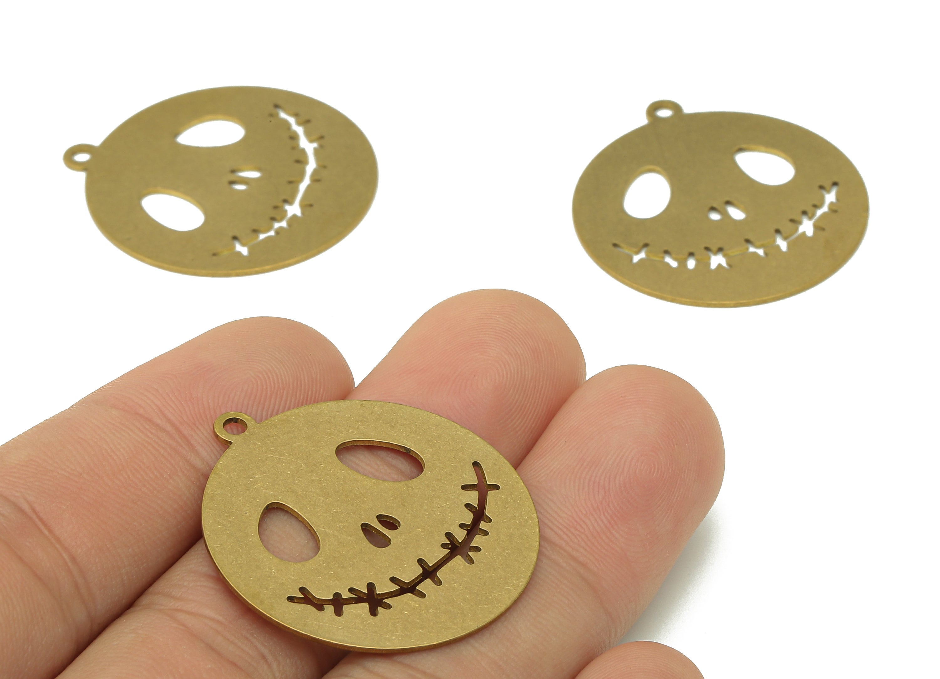Brass Round Happy Face Charms - Raw Brass Smile Skull Earring - Branch Pendant With Loop - Circle Earring Charm - 32.9x29.9x0.7mm - PPZ0065 - DOMEDBAZAAR