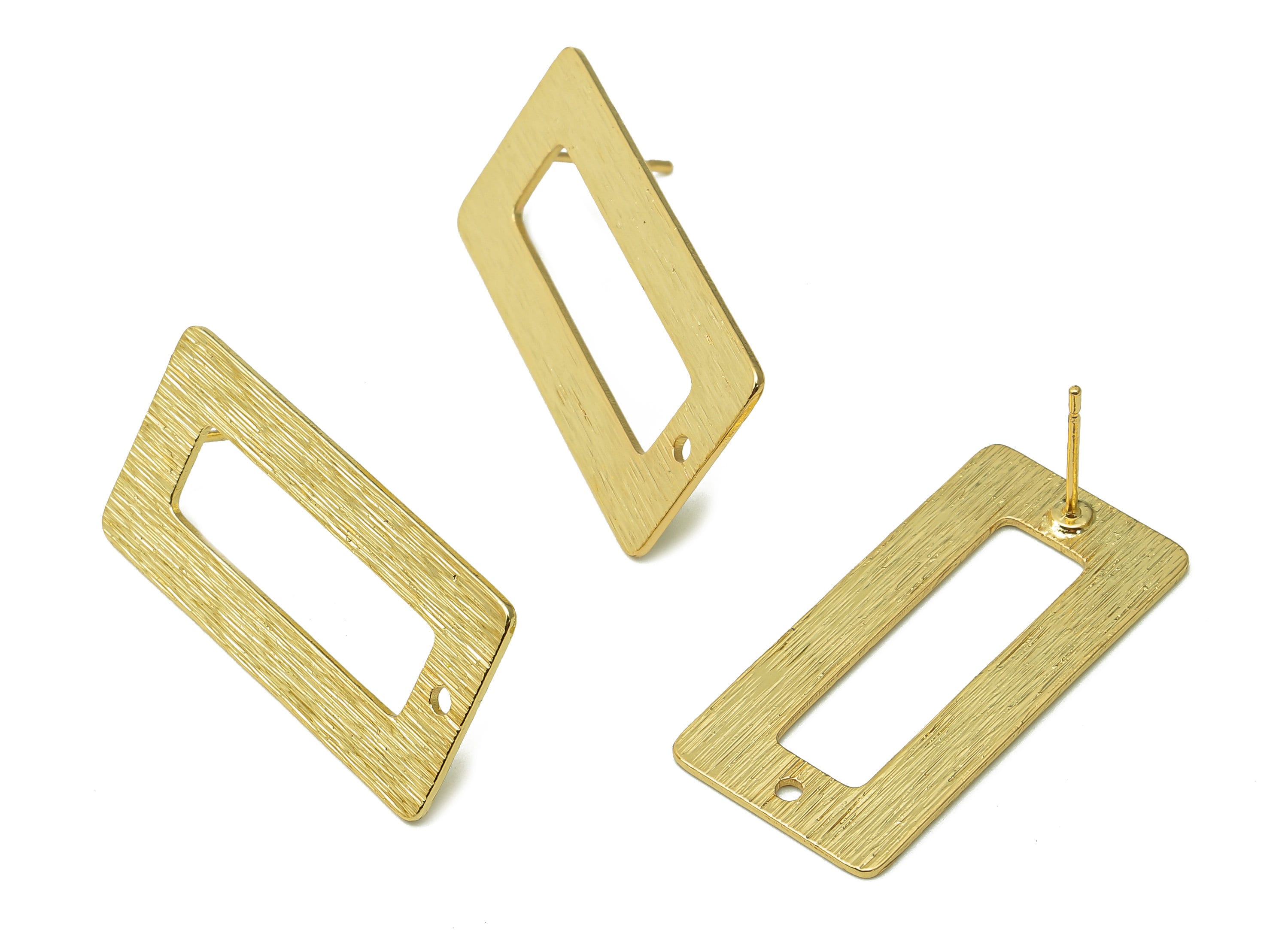 Brass Textured Rectangle Earring Post - Gold Stud Earring With Hole - 316 Stainless Steel - 18K Real Gold Plating - 16.3x0.8x2.6mm - RGP5439 - DOMEDBAZAAR