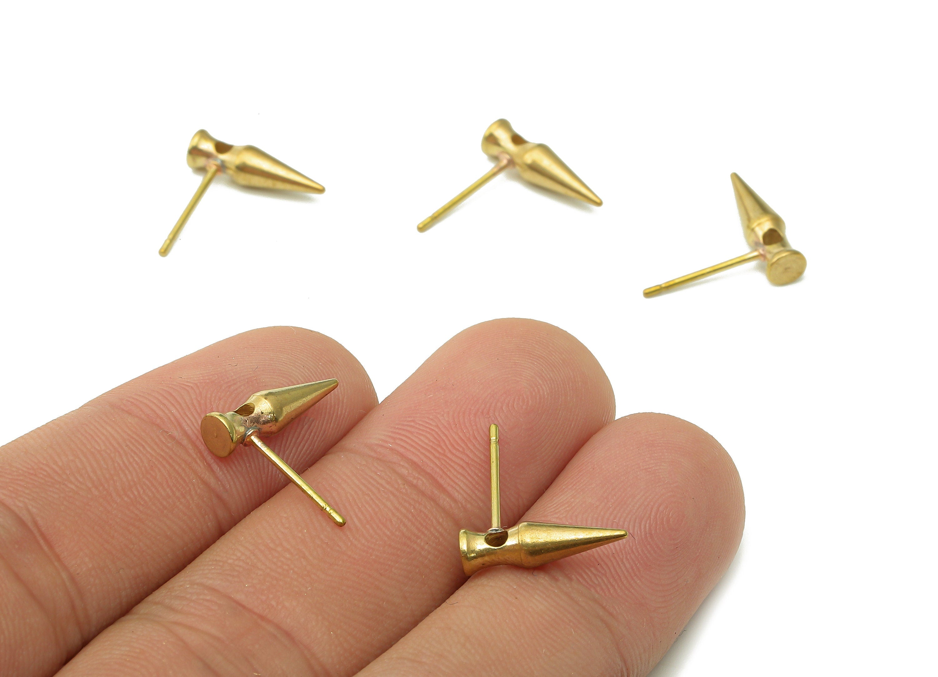 Brass Cone Earring Post - Raw Brass Spike Stud Earring - Tribal Earring Stud - Brass Stud - 14.2x4x4mm - PP8060 - DOMEDBAZAAR