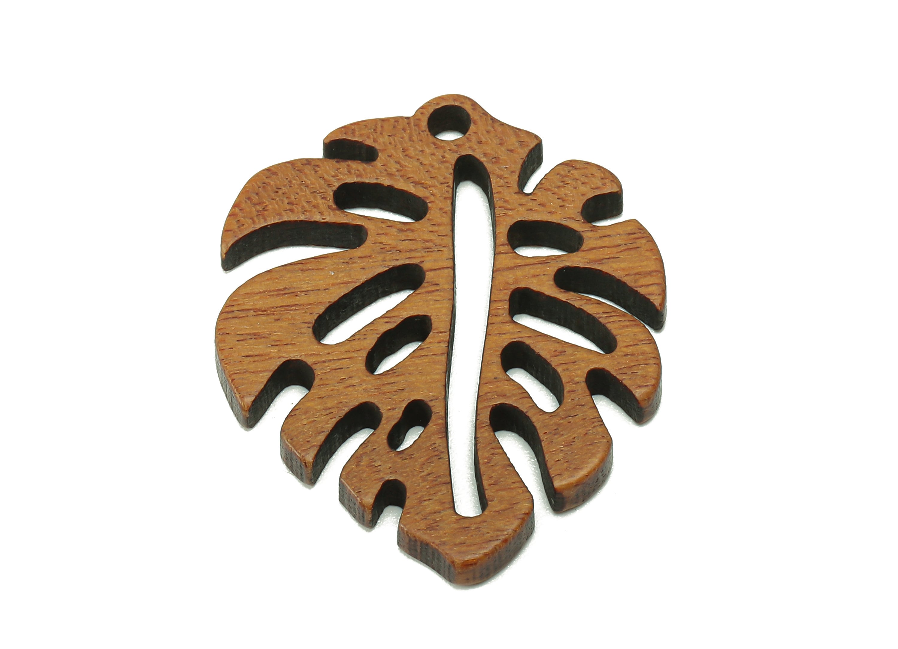 Mahogany Wood Monstera Leaf Charm - Coffee Color Leaves Earring - Hollow Pendant With Hole - For Necklace - 30.8x24.3x2.3mm - BB1305 - DOMEDBAZAAR