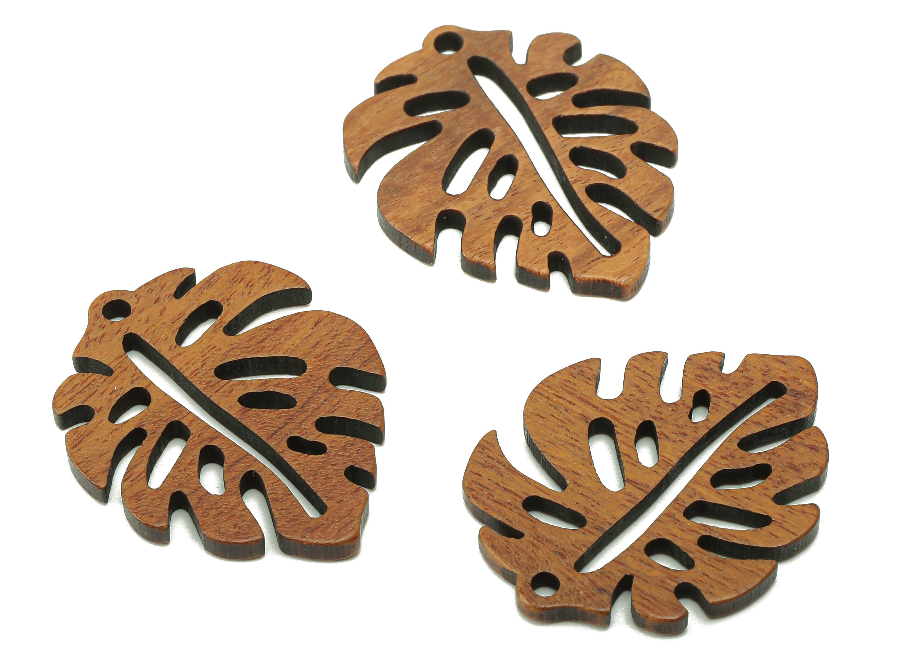 Mahogany Wood Monstera Leaf Charm - Coffee Color Leaves Earring - Hollow Pendant With Hole - For Necklace - 30.8x24.3x2.3mm - BB1305 - DOMEDBAZAAR