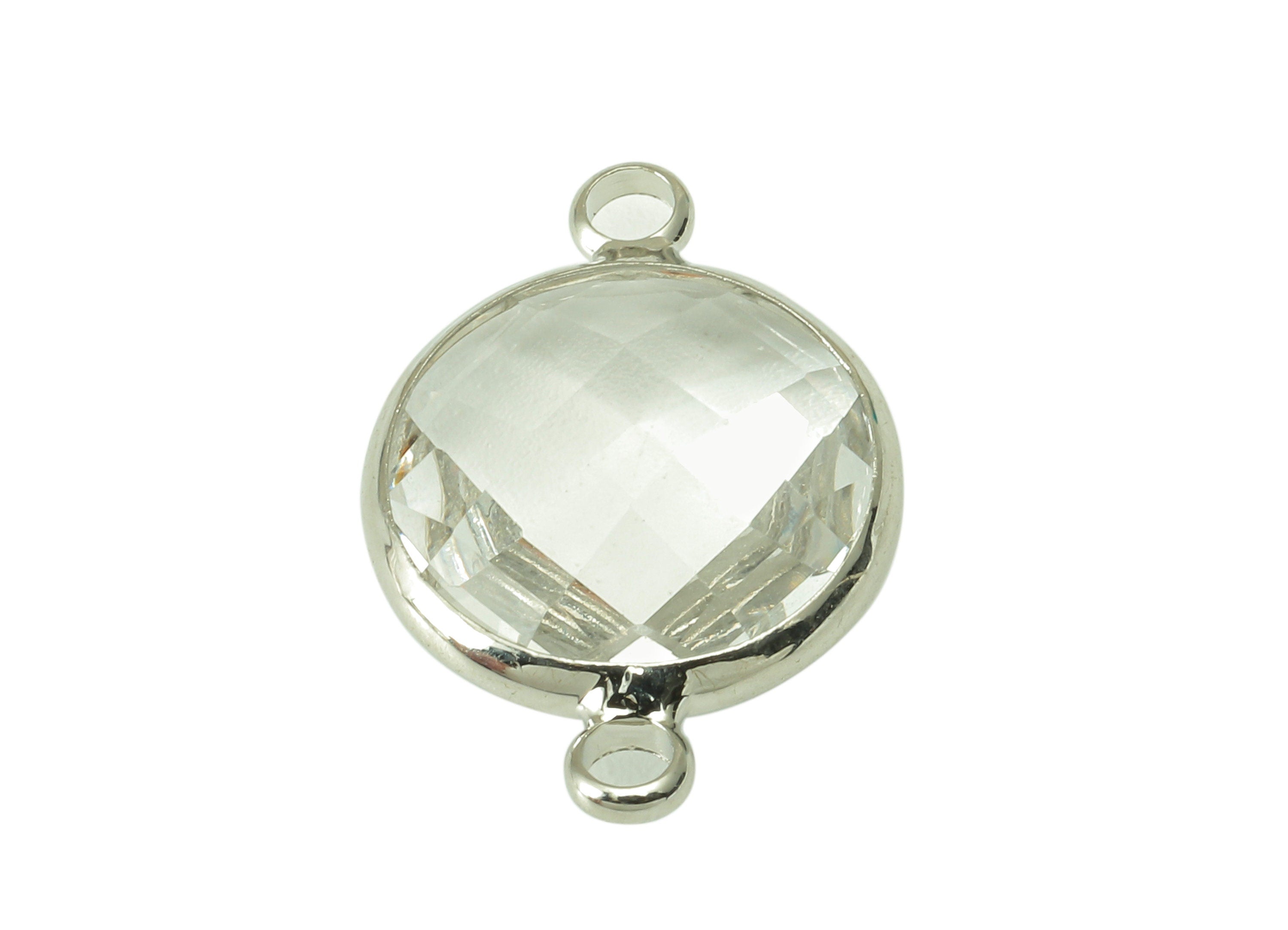 Brass Frame Circle Earring Connector - Faceted Glass Round Charm - Pendant With 2 Loops - Silver Tone Plated Brass - 18x14.8x5.5mm - GS1053S - DOMEDBAZAAR