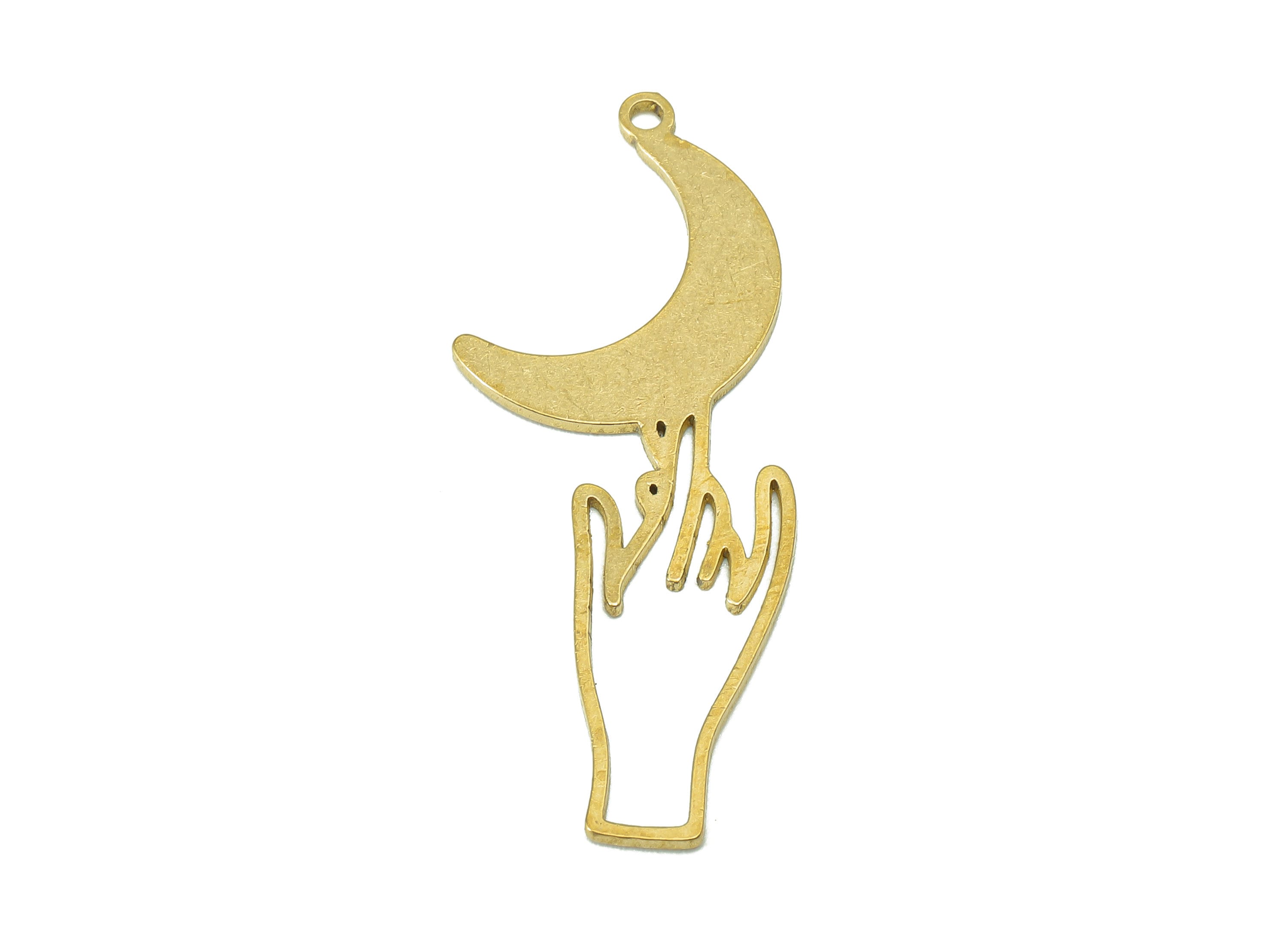 Brass Hand Crescent Earring Charm - Raw Brass Hand Moon Earring - Hand Pendant With Loop - Charm For Necklace - 39.8x15.5x0.8mm - PPA6633 - DOMEDBAZAAR