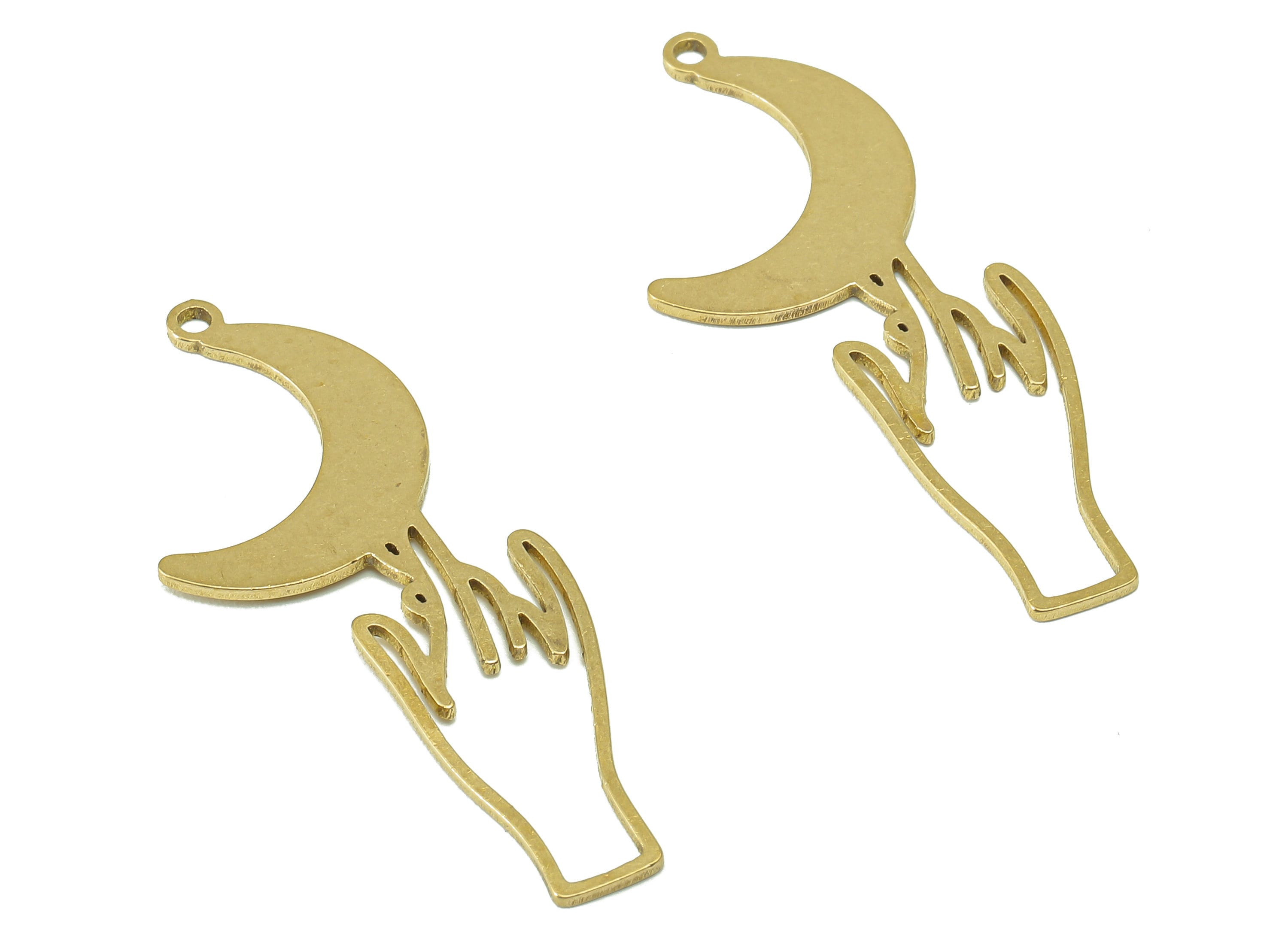 Brass Hand Crescent Earring Charm - Raw Brass Hand Moon Earring - Hand Pendant With Loop - Charm For Necklace - 39.8x15.5x0.8mm - PPA6633 - DOMEDBAZAAR