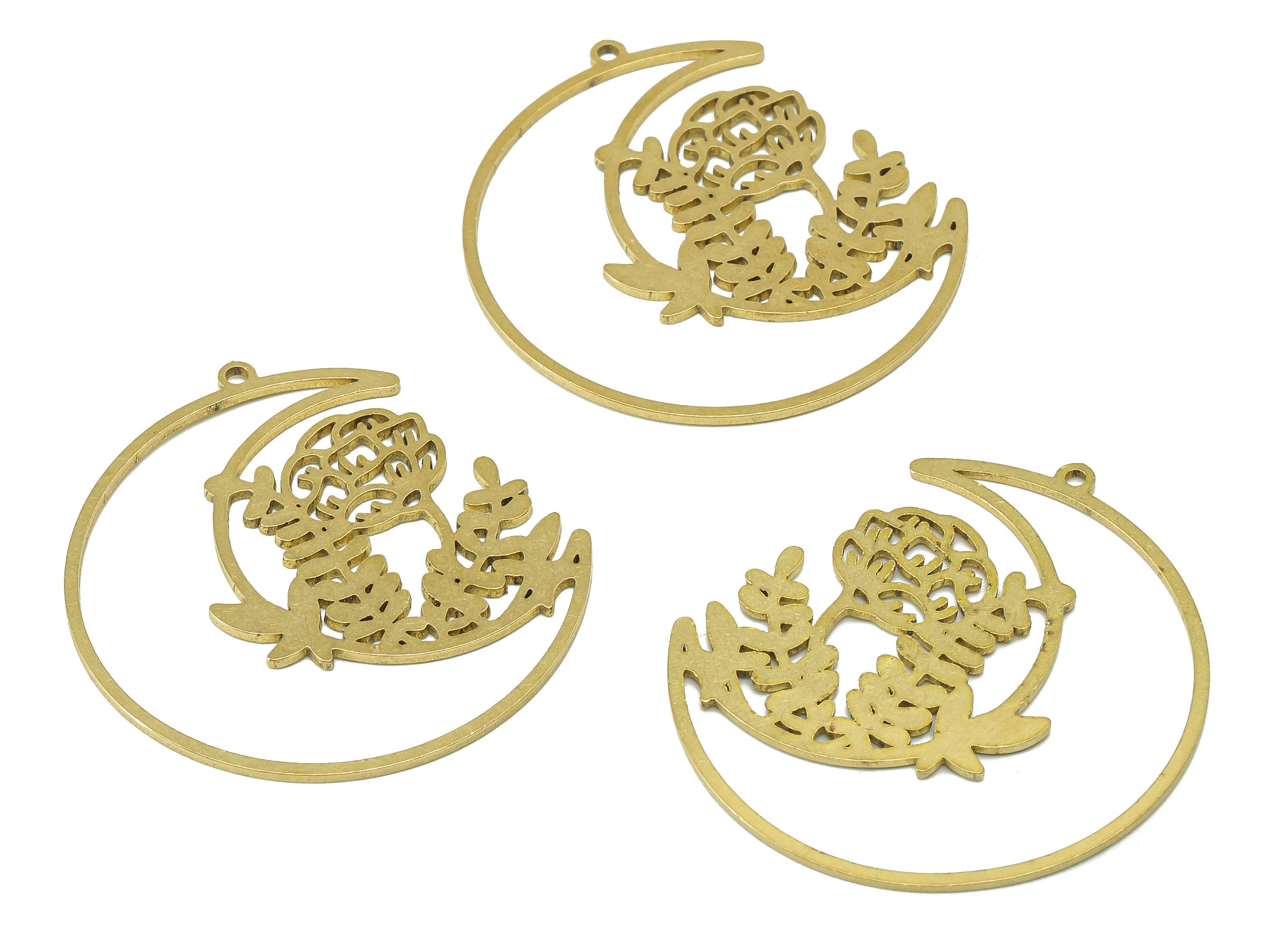 Brass Flower Crescent Earring Charm - Raw Brass Branch Moon Earring - Pendant With Loop - Charm For Necklace - 28.6x20.1x0.8mm - PPA6678 - DOMEDBAZAAR