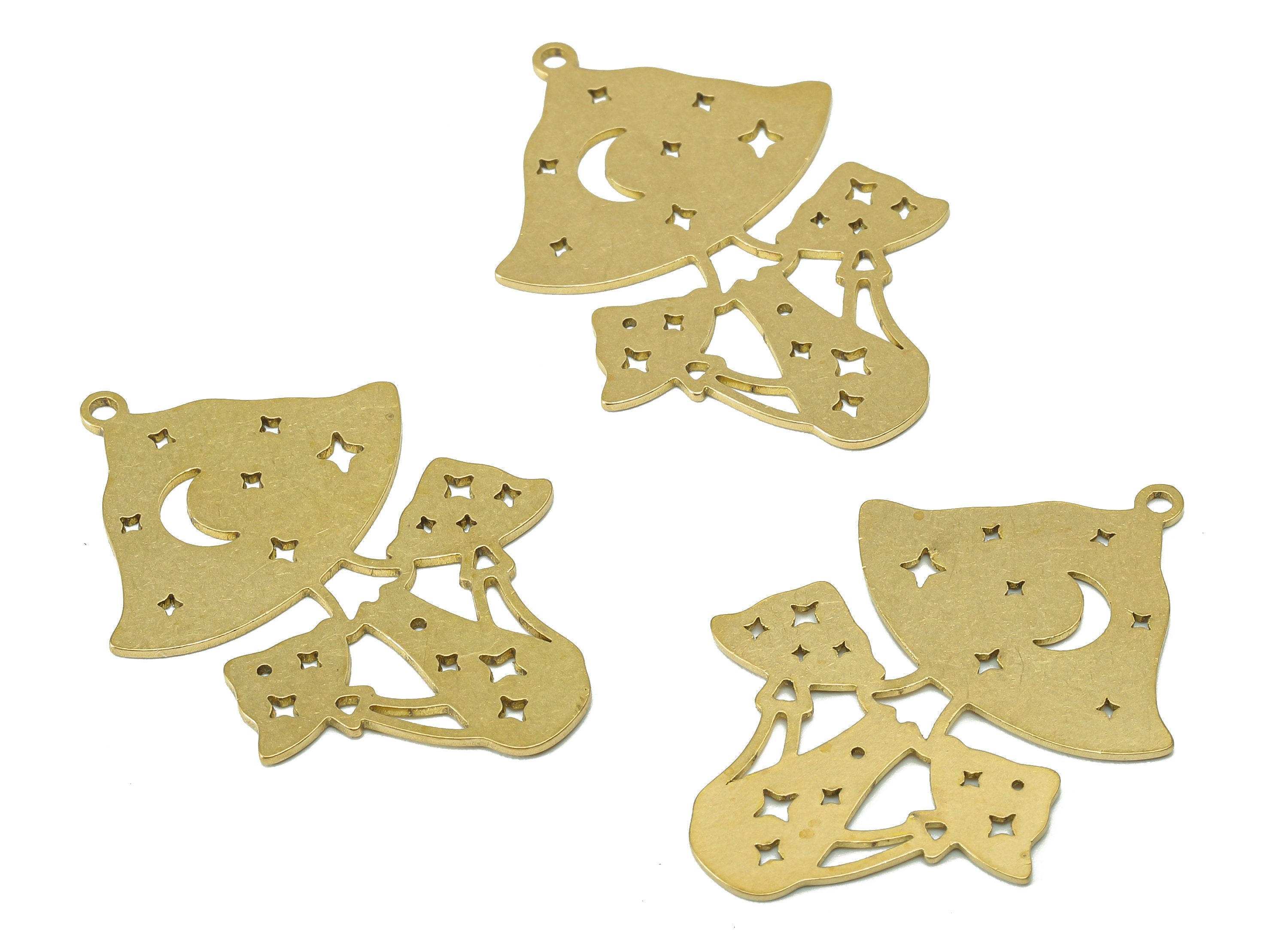 Brass Mushroom Earring Charm - Raw Brass Crescent Star Hollow Earring - Botanical Pendant With Loop - For Necklace - 37.9x25.4x0.7mm-PPZ0225 - DOMEDBAZAAR