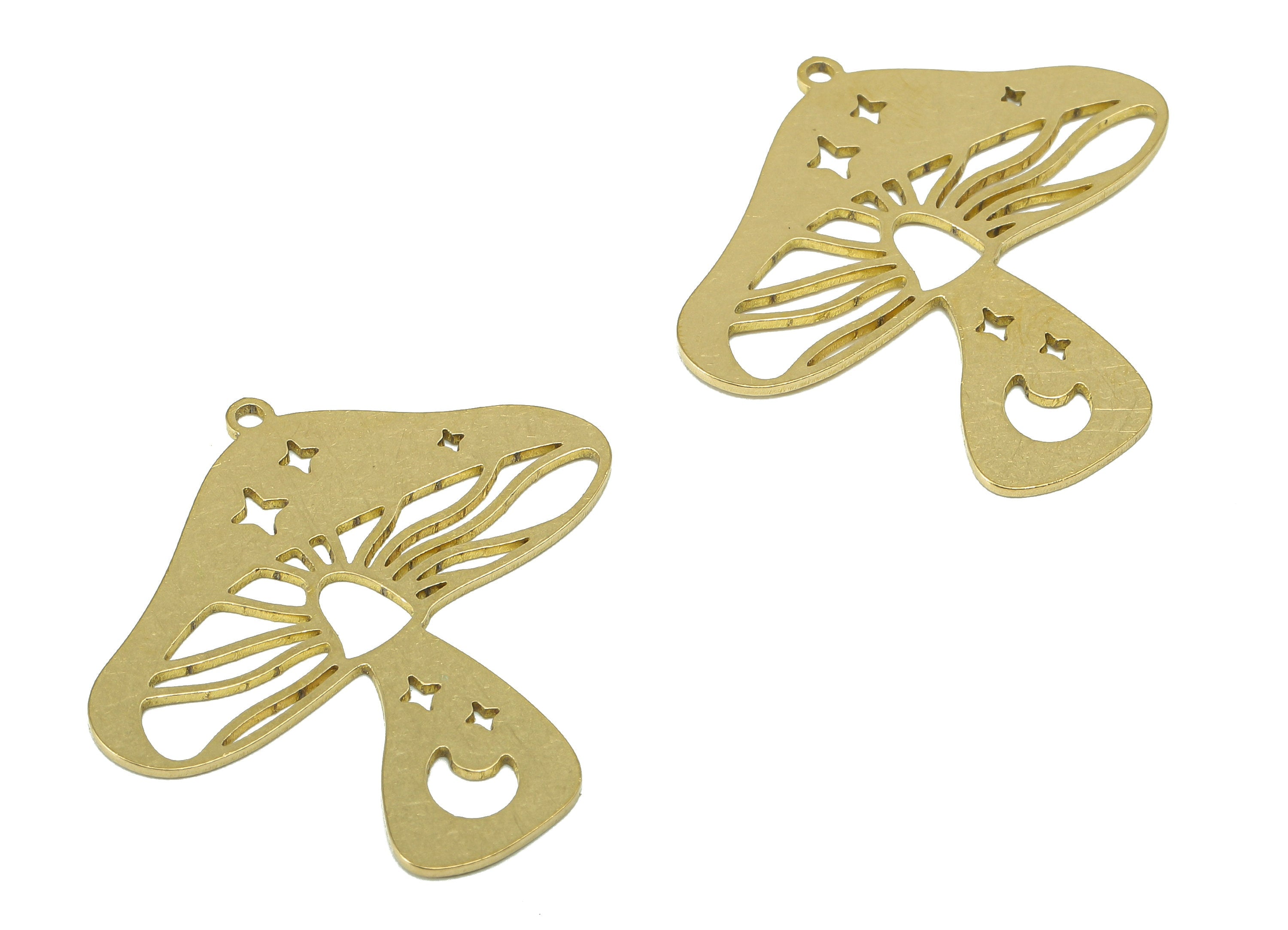 Brass Mushroom Earring Charm - Raw Brass Crescent Star Hollow Earring - Botanical Pendant With Loop - For Necklace - 34.3x34.8x0.7mm-PPZ0233 - DOMEDBAZAAR