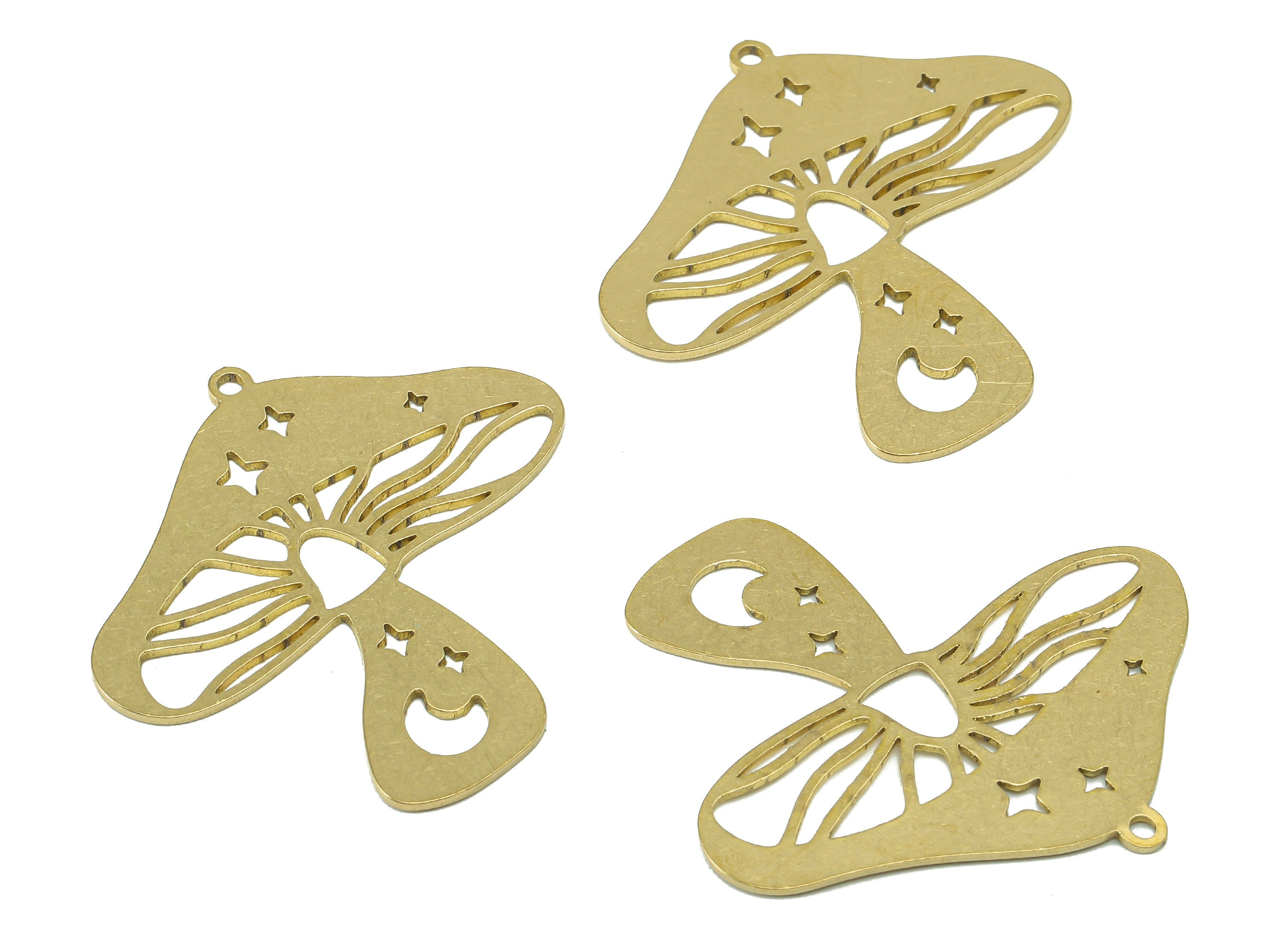 Brass Mushroom Earring Charm - Raw Brass Crescent Star Hollow Earring - Botanical Pendant With Loop - For Necklace - 34.3x34.8x0.7mm-PPZ0233 - DOMEDBAZAAR