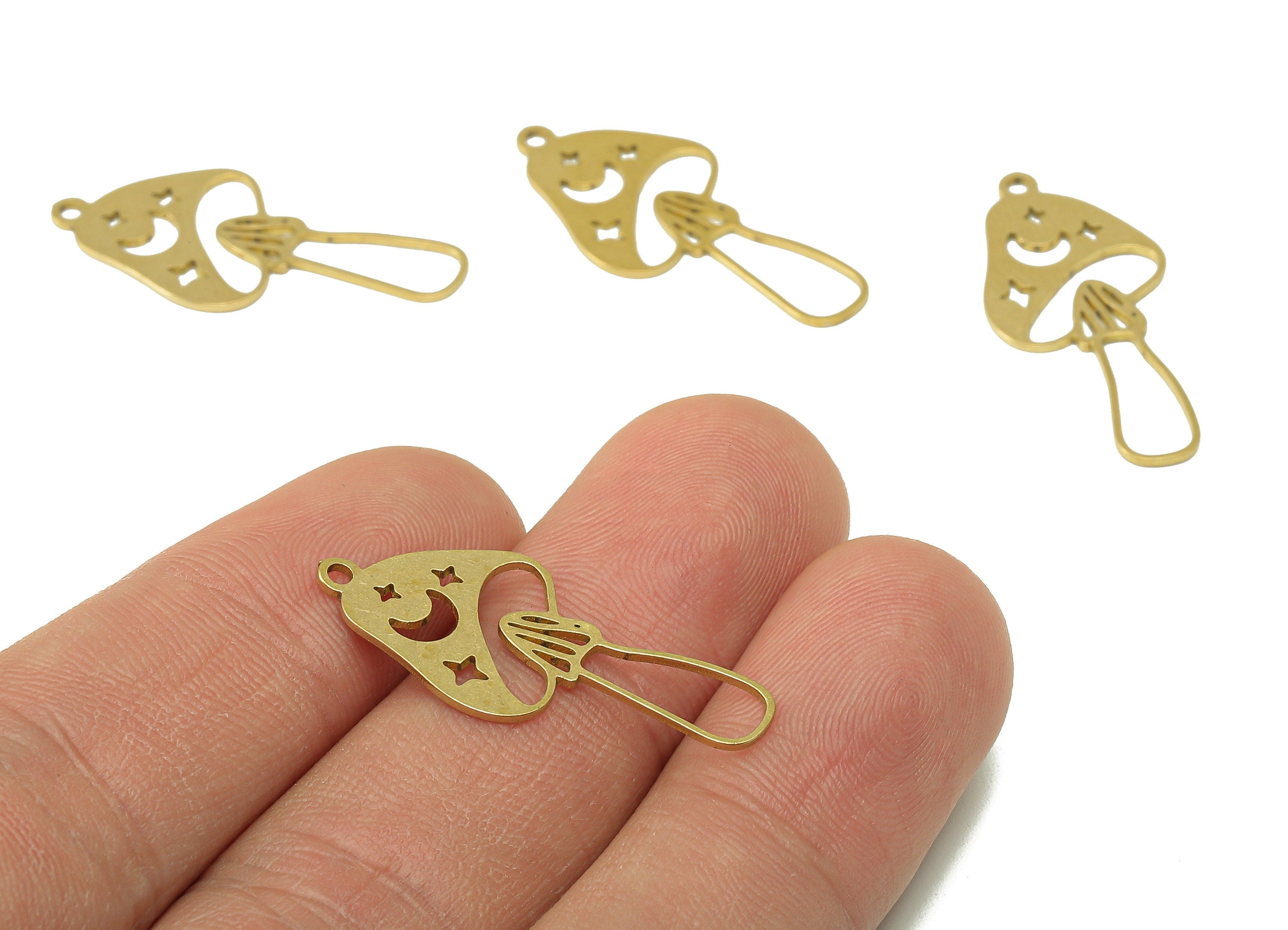 Brass Mushroom Earring Charm - Raw Brass Crescent Star Hollow Earring - Botanical Pendant With Loop - For Necklace - 29.8x13.9x0.7mm-PPZ0234 - DOMEDBAZAAR