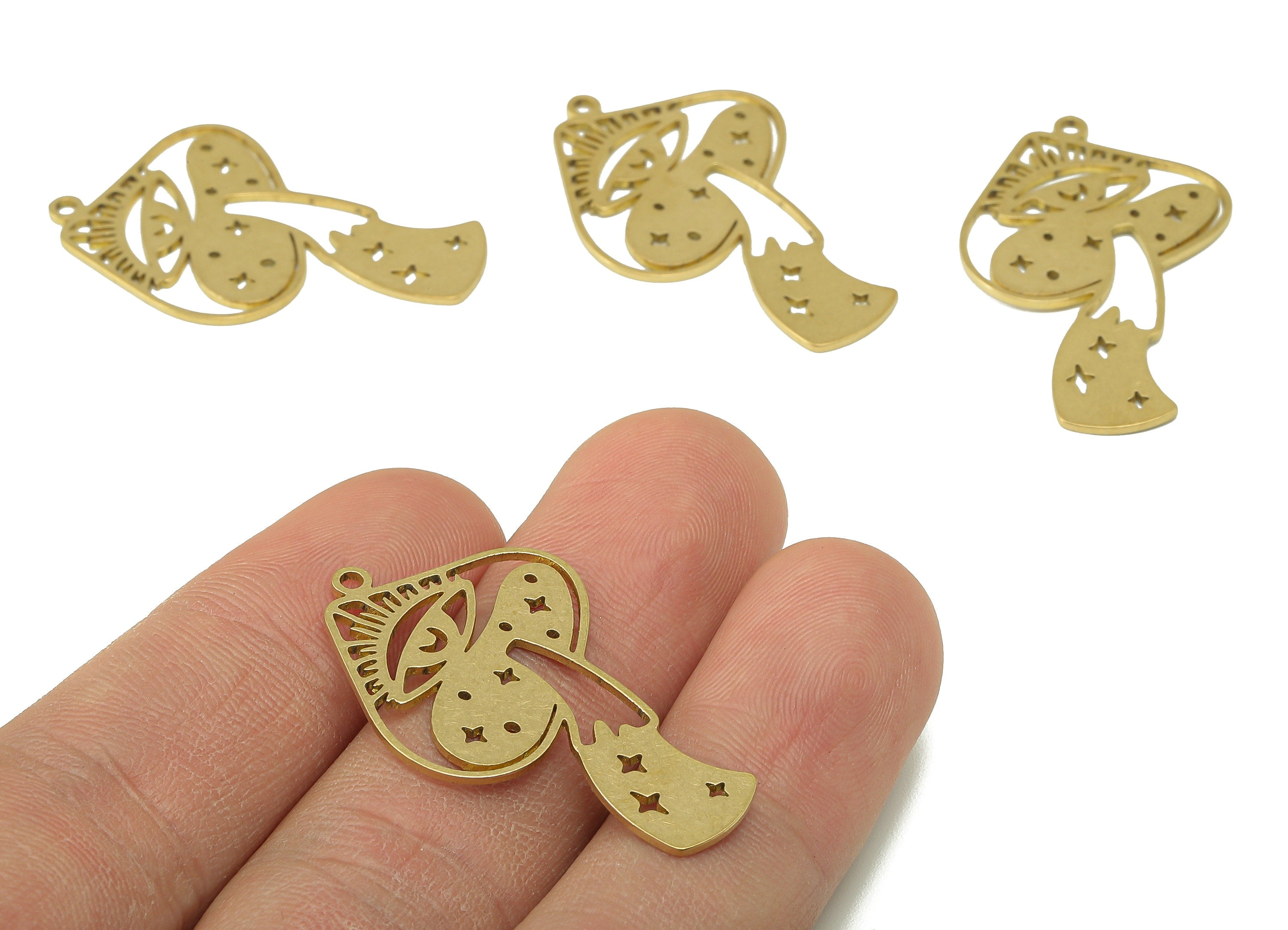 Brass Mushroom Eye Star Charm - Raw Brass Crescent Hollow Earring - Eyelash Pendant With Loop - For Necklace - 36x23.1x0.8mm - PPZ0240 - DOMEDBAZAAR
