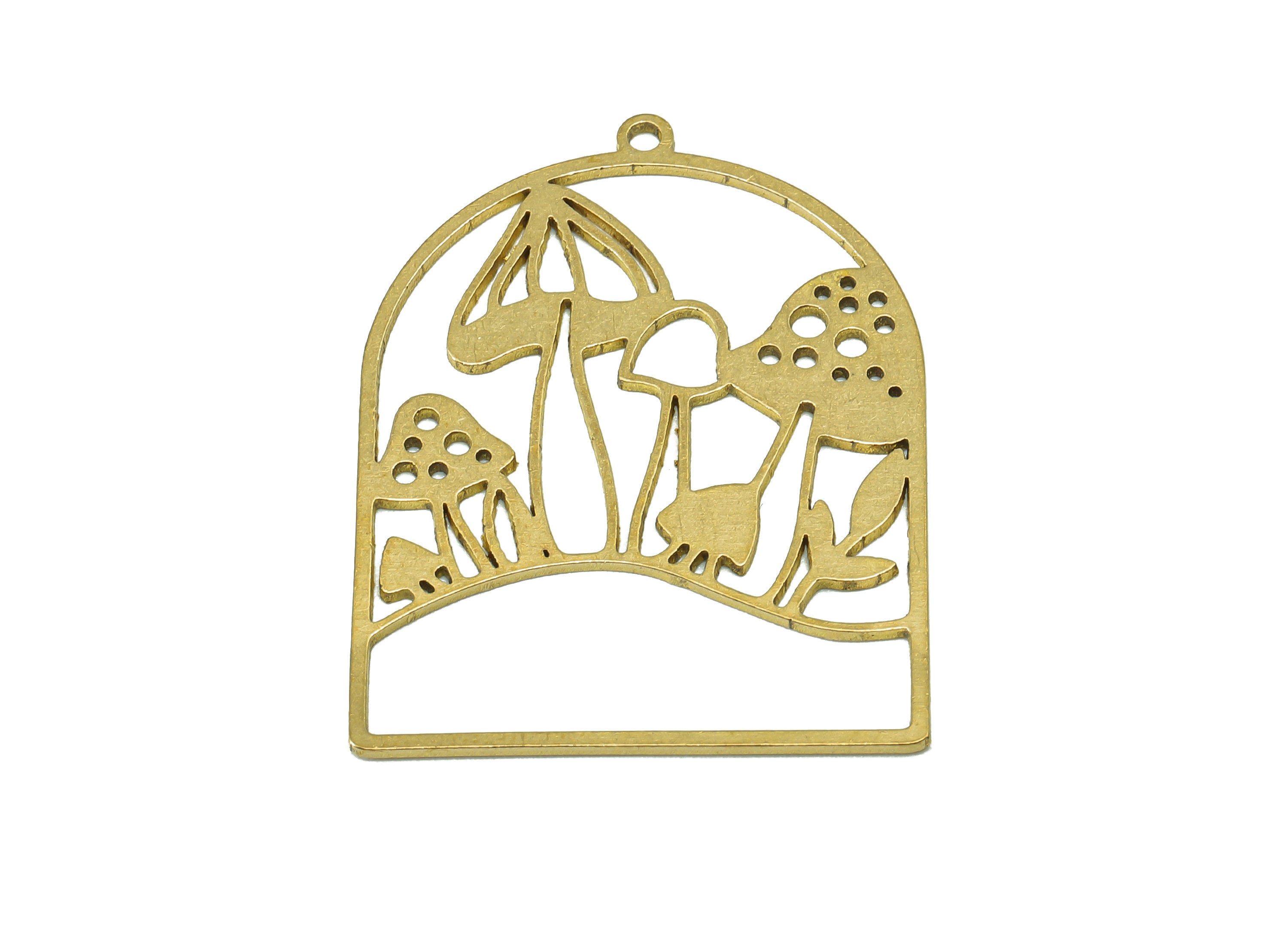 Brass Mushroom Domed Charm - Raw Brass Mushroom Hollow Earring - Botanical Pendant With Loop - For Necklace - 35.8x27.2x0.8mm - PPZ0239 - DOMEDBAZAAR