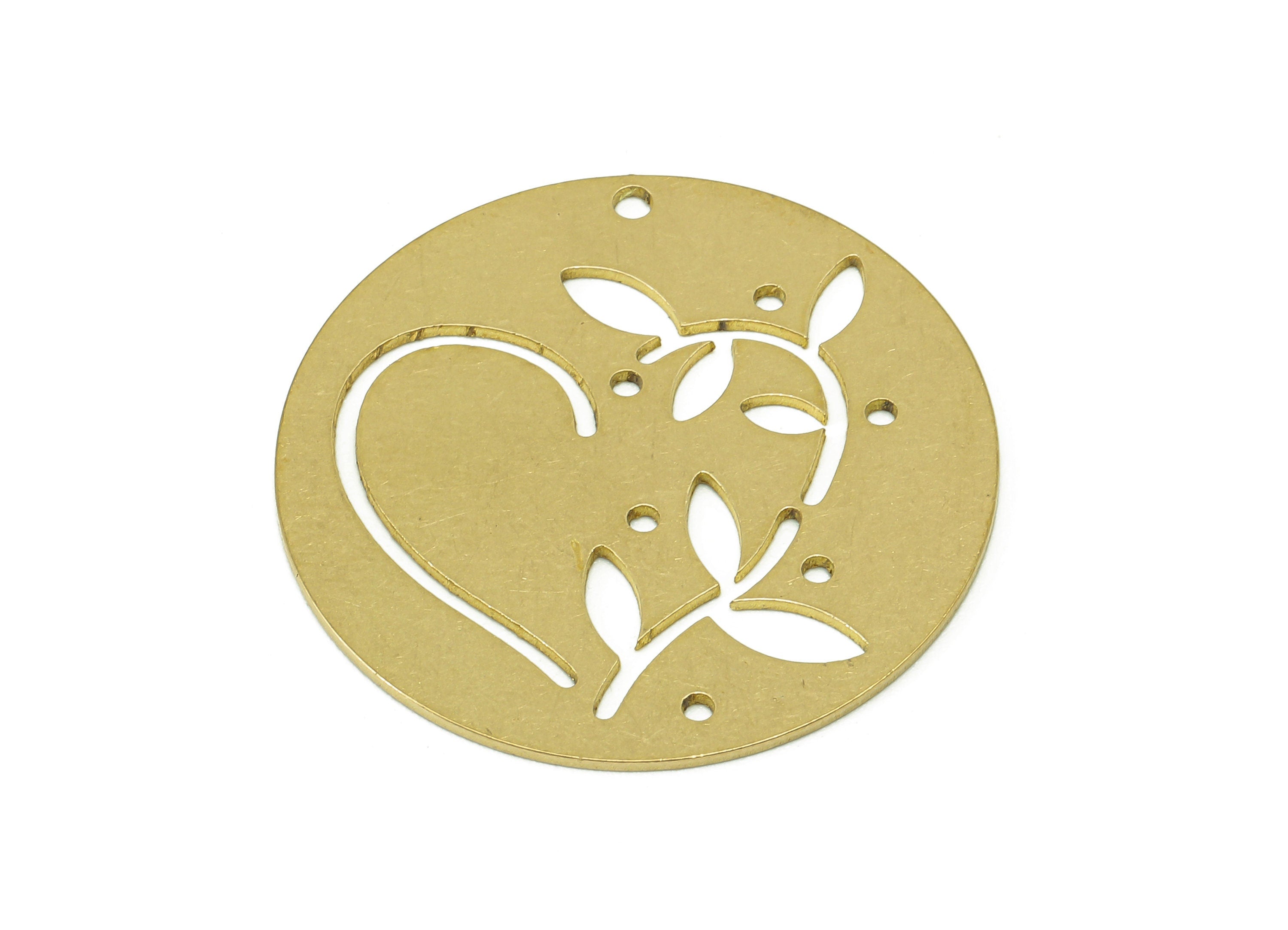 Brass Round Heart Earring Charm - Raw Brass Leaf Hollow Earring - Leaves Circle Pendant With Hole - Charm For Necklace - 30x30x0.7mm-PPA7166 - DOMEDBAZAAR