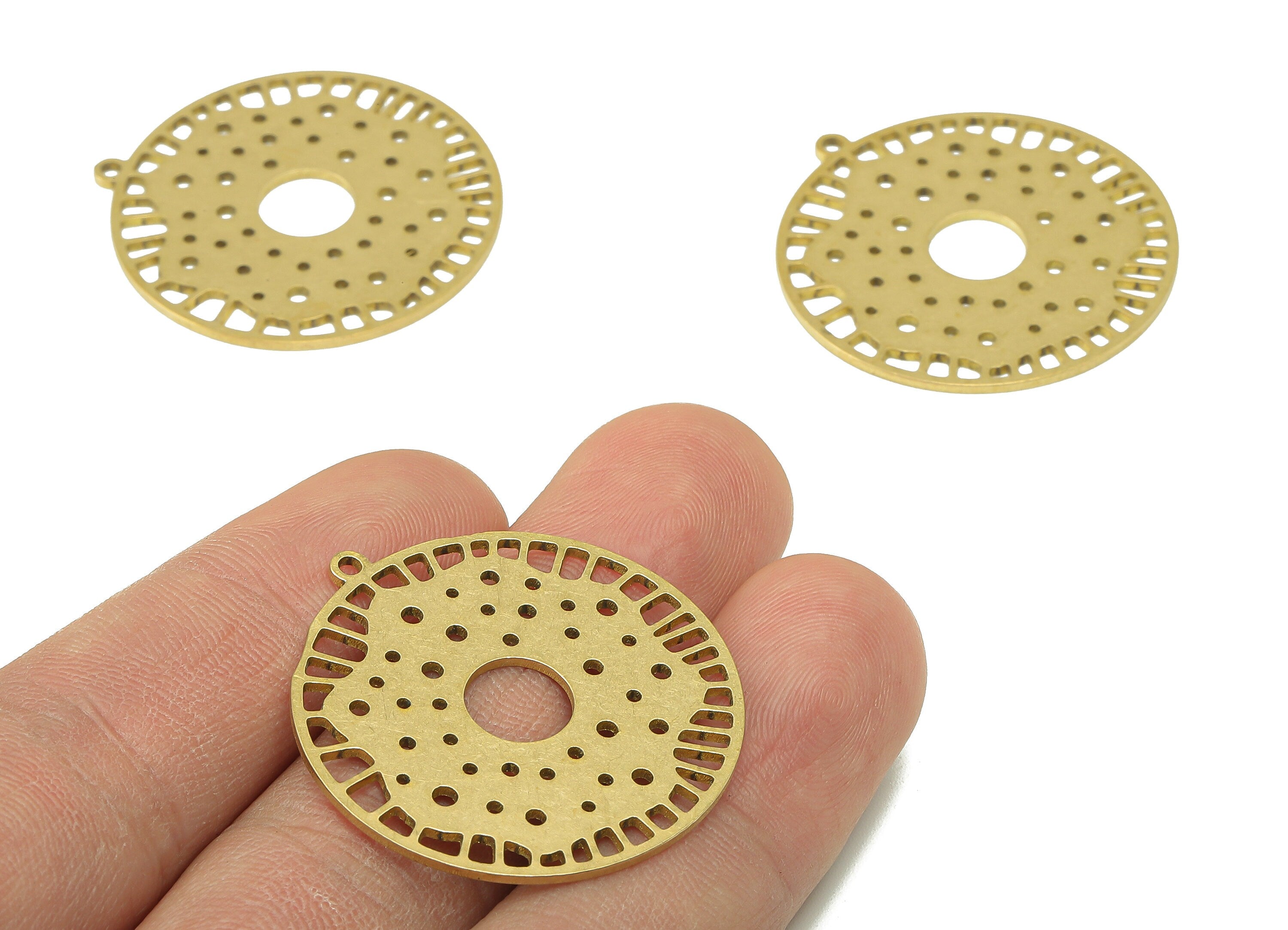 Brass Round Earring Charm - Raw Brass Circle Dots Hollow Earring - Spot Pendant With Loop - Charm For Necklace - 34.1x34.7x0.9mm - PPA7447 - DOMEDBAZAAR
