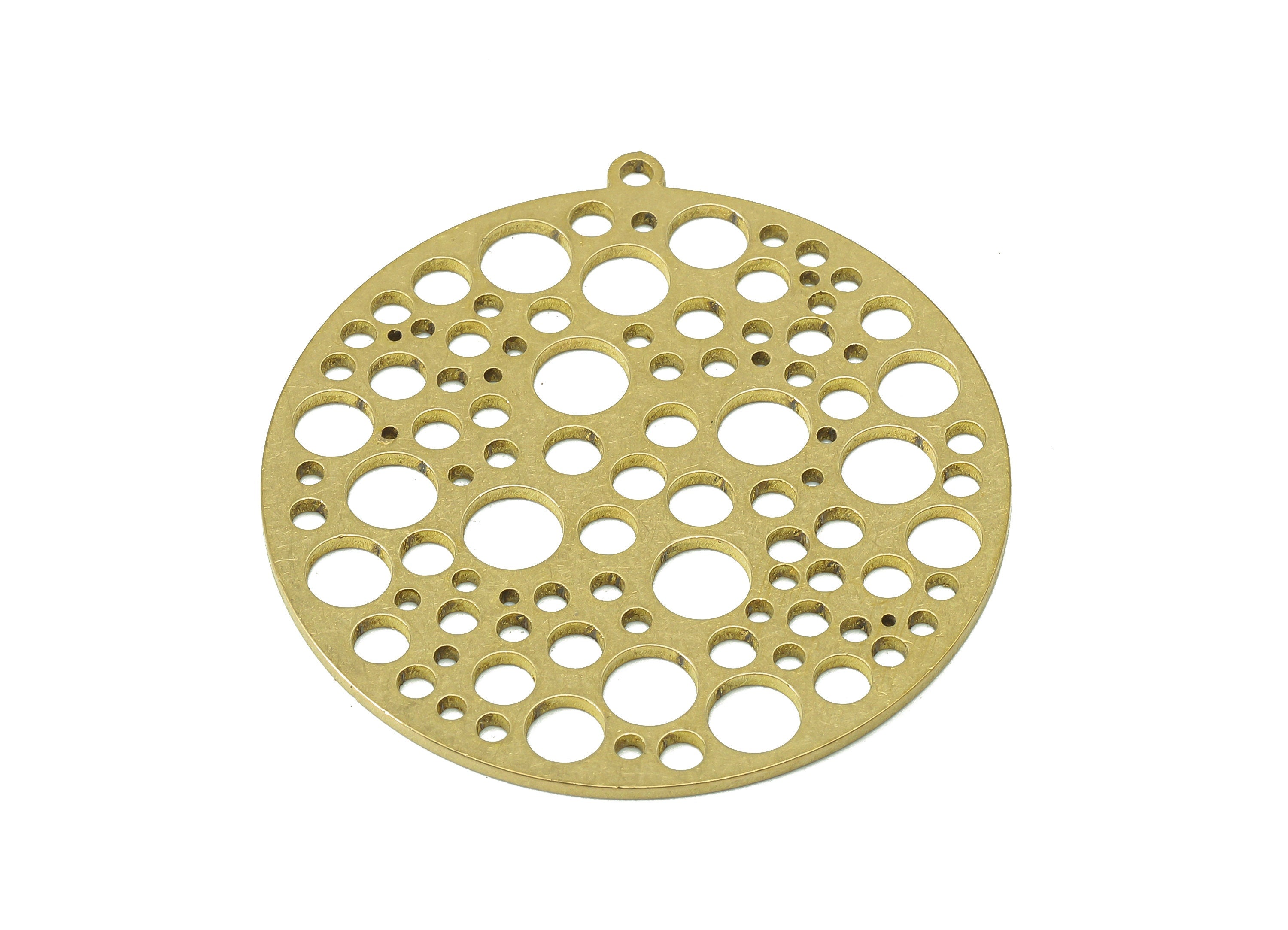 Brass Round Bubbles Earring Charm - Raw Brass Circle Dots Hollow Earring - Spot Pendant With Loop - For Necklace - 37.8x35.6x0.9mm - PPA6939 - DOMEDBAZAAR
