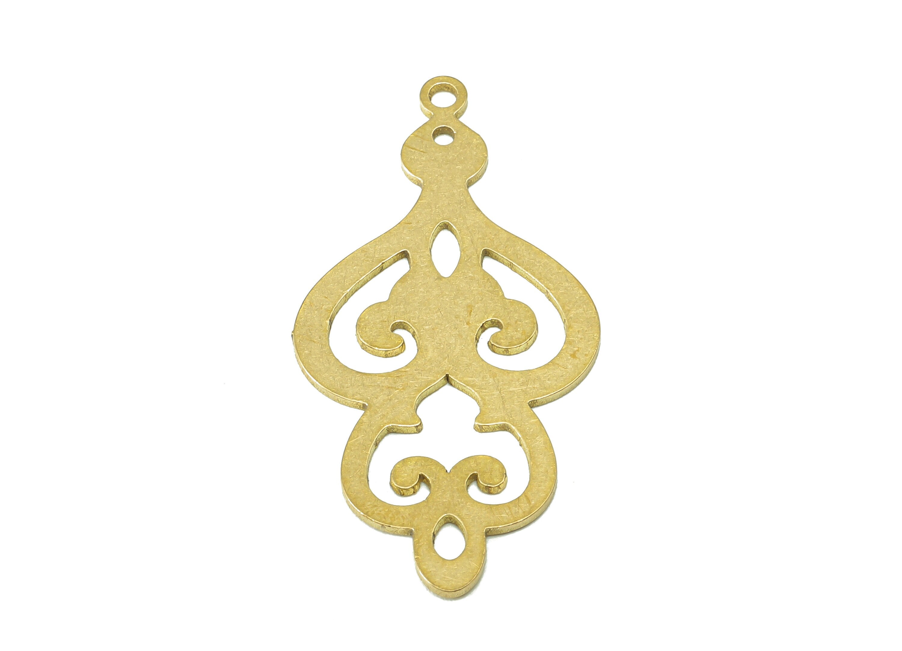 Brass Pattern Earring Connector - Raw Brass Cutout Earring Charm - Flower Pendant With Loop - For Necklace - 34.7x17.6x0.7mm - PPA6908 - DOMEDBAZAAR