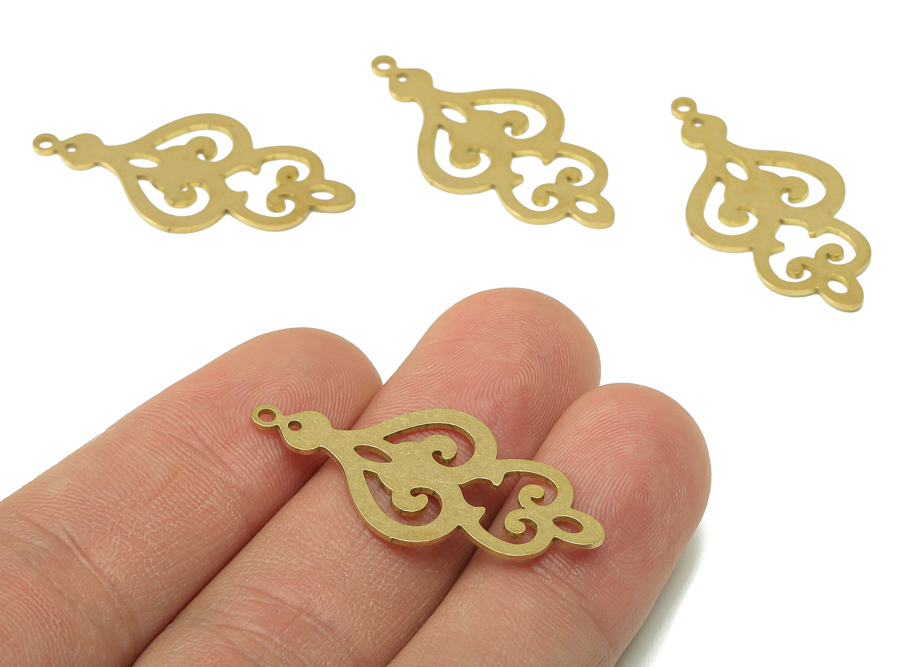 Brass Pattern Earring Connector - Raw Brass Cutout Earring Charm - Flower Pendant With Loop - For Necklace - 34.7x17.6x0.7mm - PPA6908 - DOMEDBAZAAR