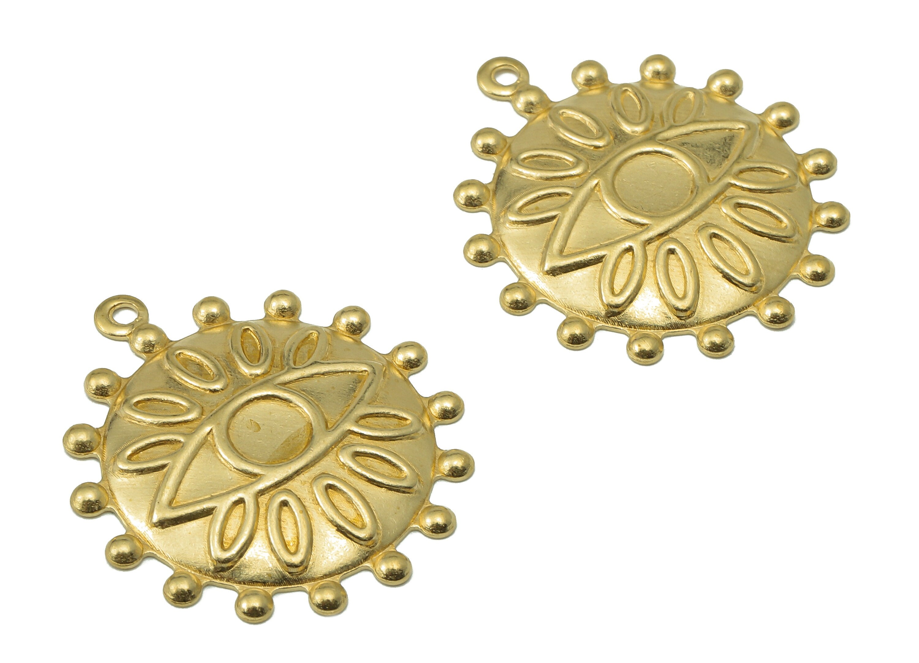 Brass Sun Earring Charms - Round Raw Brass Eye Pendant With Loop - Circle Eyelash Pendant - For Necklace - 28.22x25.16x1.45mm - PP8196 - DOMEDBAZAAR