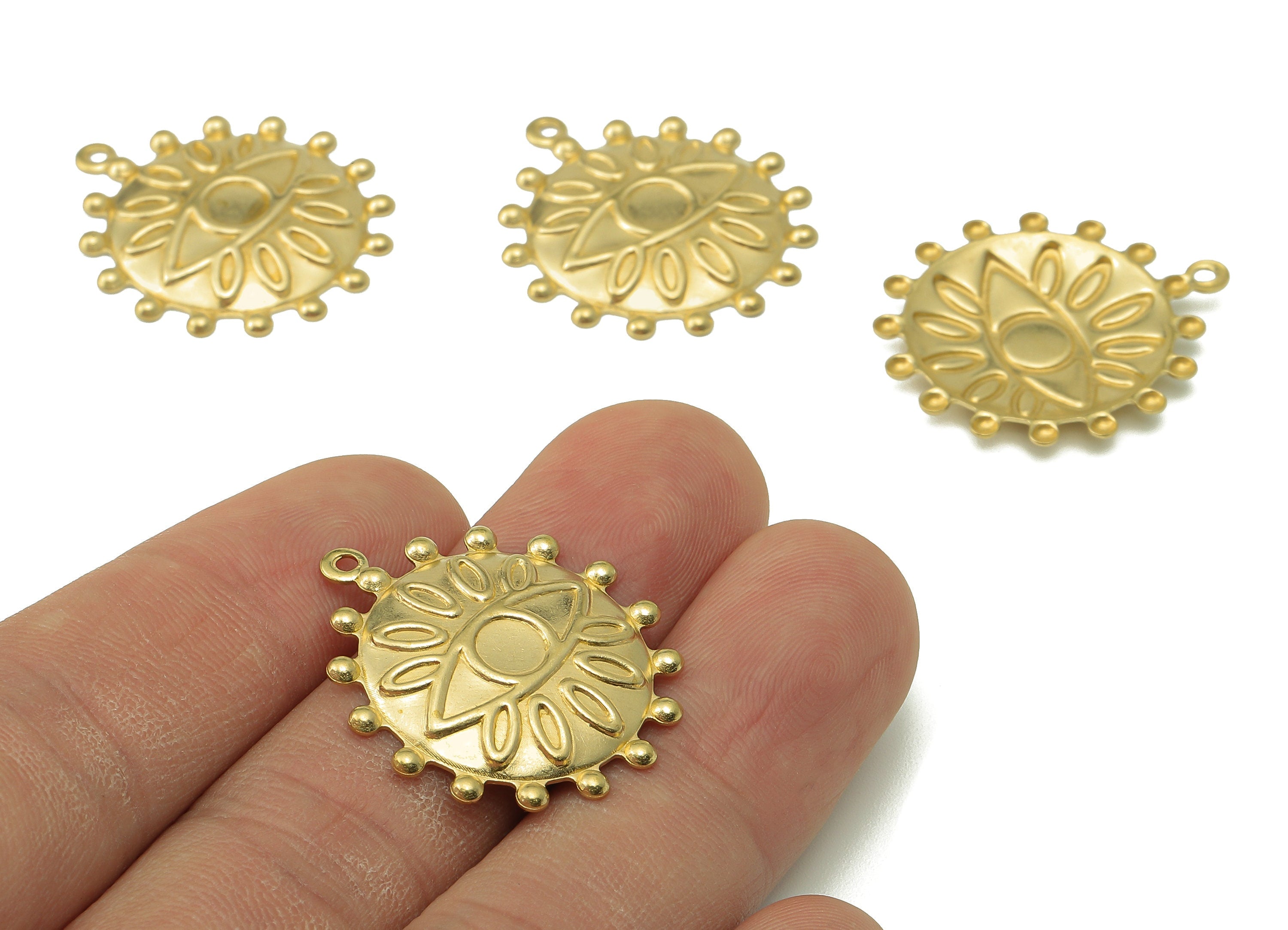 Brass Sun Earring Charms - Round Raw Brass Eye Pendant With Loop - Circle Eyelash Pendant - For Necklace - 28.22x25.16x1.45mm - PP8196 - DOMEDBAZAAR