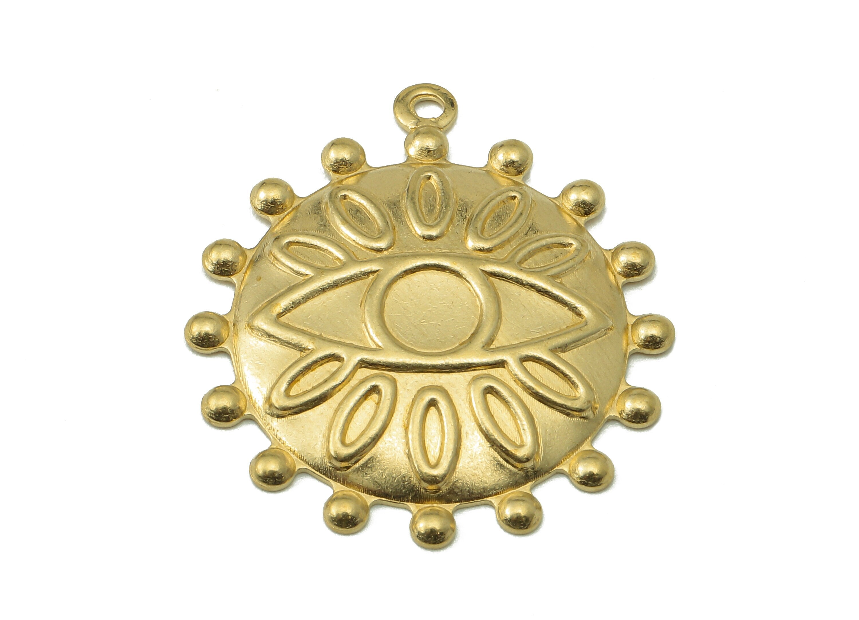 Brass Sun Earring Charms - Round Raw Brass Eye Pendant With Loop - Circle Eyelash Pendant - For Necklace - 28.22x25.16x1.45mm - PP8196 - DOMEDBAZAAR