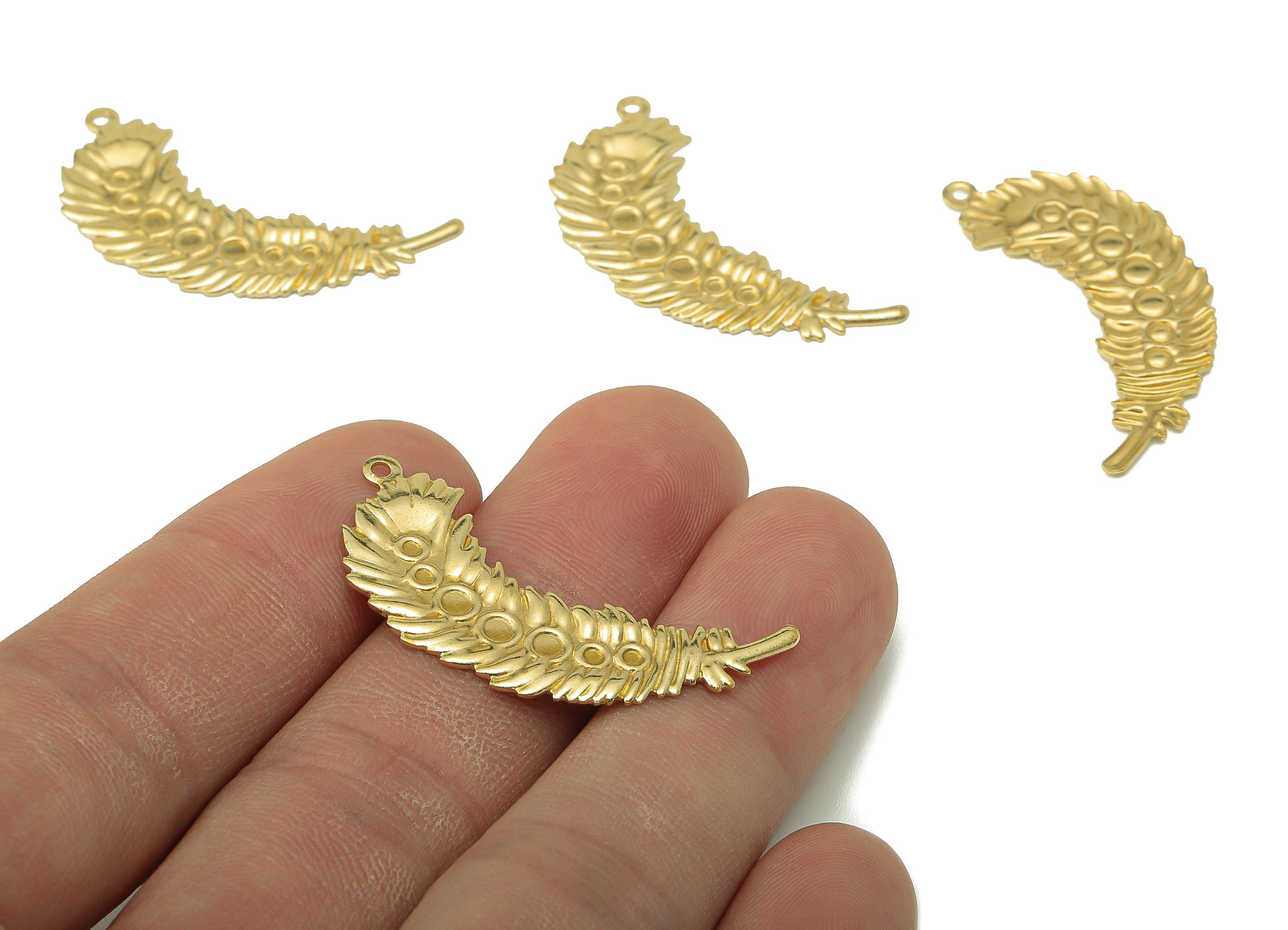 Brass Leaf Feather Earring Charms - Raw Brass Leaves Feather Pendant With Loop - Earring Findings - For Necklace - 36.4x11.4x1.01mm - PP8201 - DOMEDBAZAAR