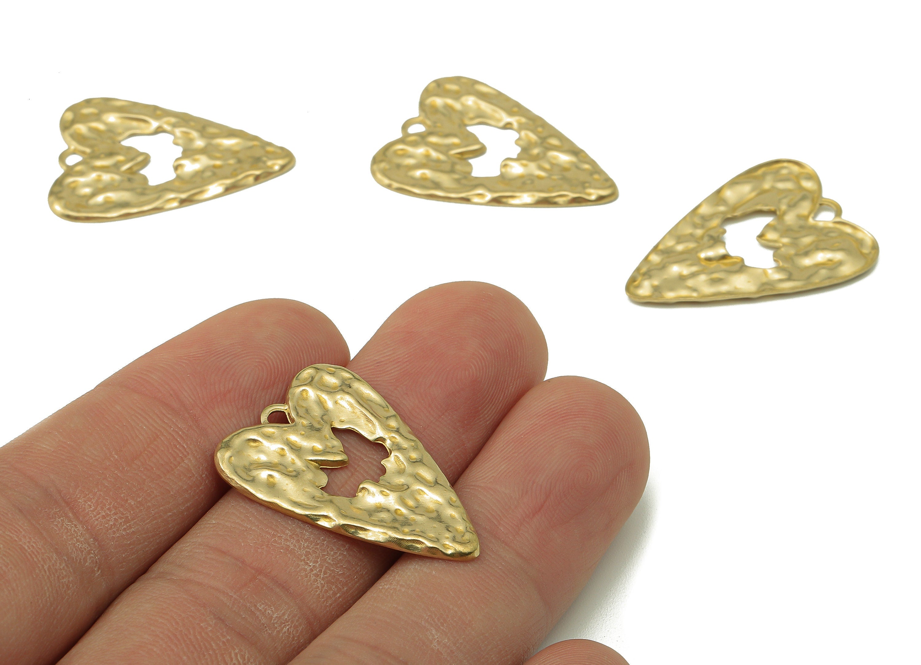 Brass Hammered Heart Earring Charms - Heart Raw Brass Cutout Pendant With Loop - Heart Charms - For Necklace - 27.81x19.98x1.16mm - PP8203 - DOMEDBAZAAR