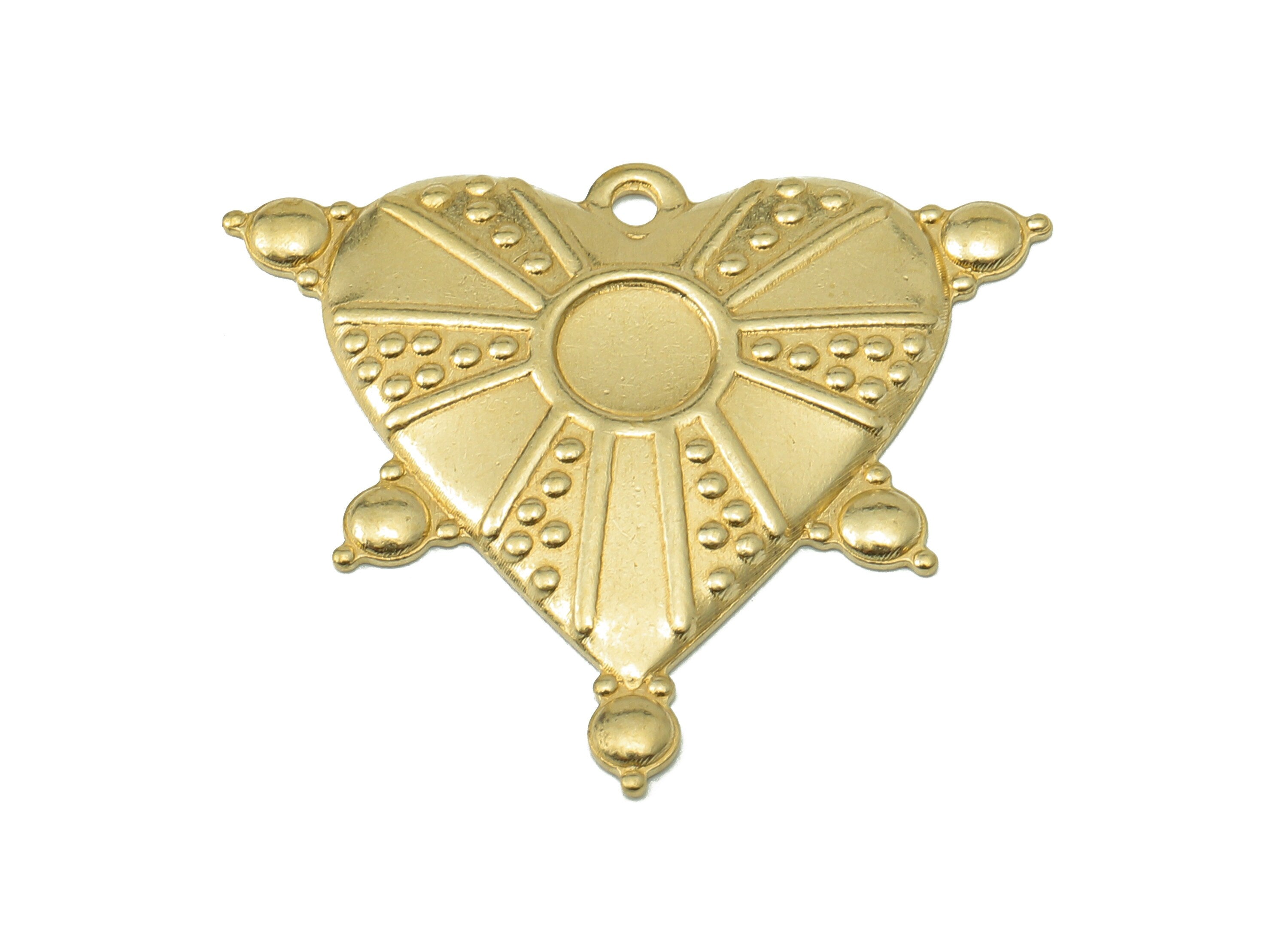 Brass Heart Earring Charms - Heart Raw Brass Round Dots Pendant With Loop - Heart Charms - For Necklace - 26.06x29.25x0.93mm - PP8205 - DOMEDBAZAAR