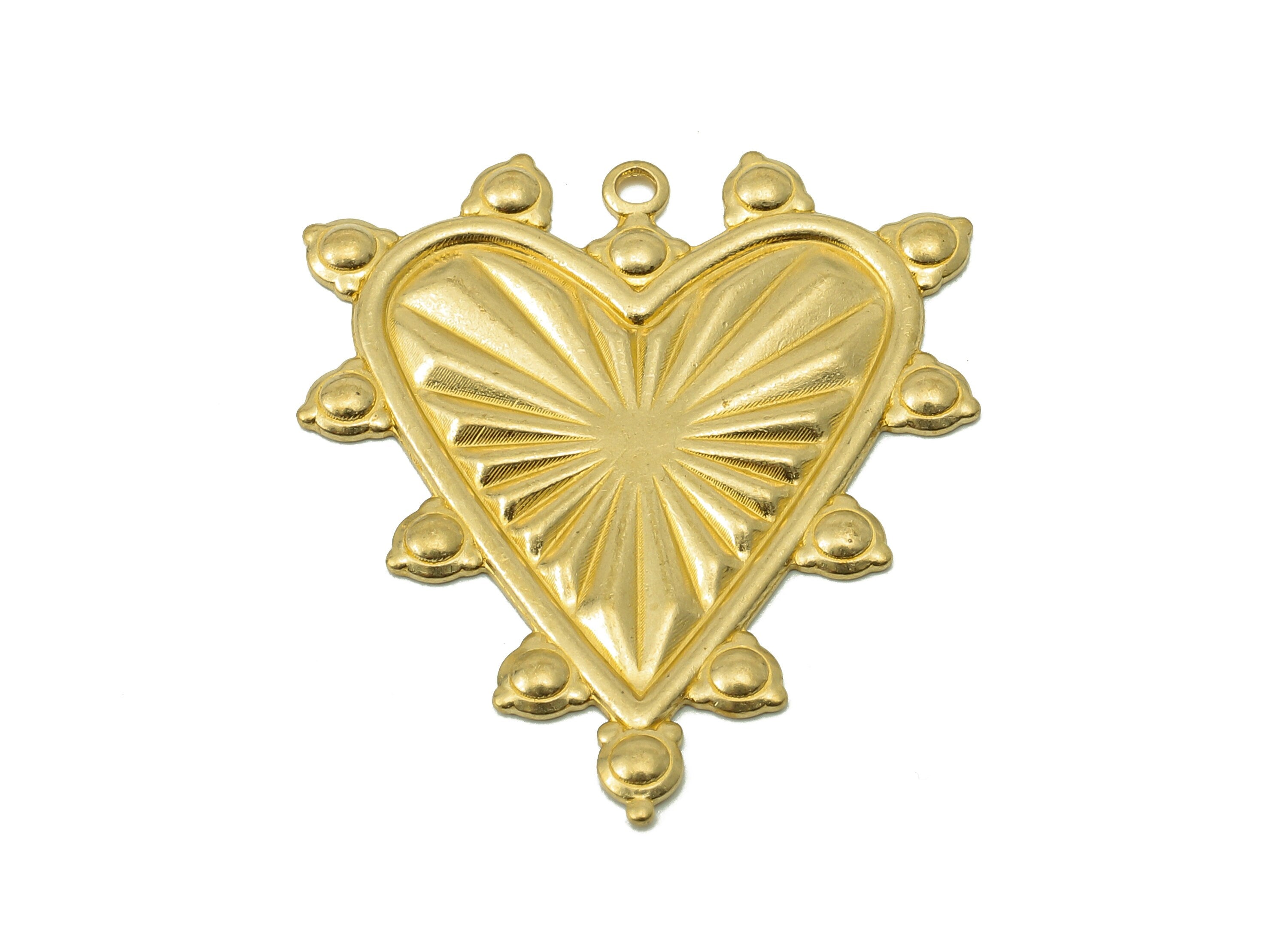 Brass Heart Earring Charms - Heart Raw Brass Round Dots Pendant With Loop - Texture Heart Charms - For Necklace - 30.65x26.27x1.1mm - PP8208 - DOMEDBAZAAR