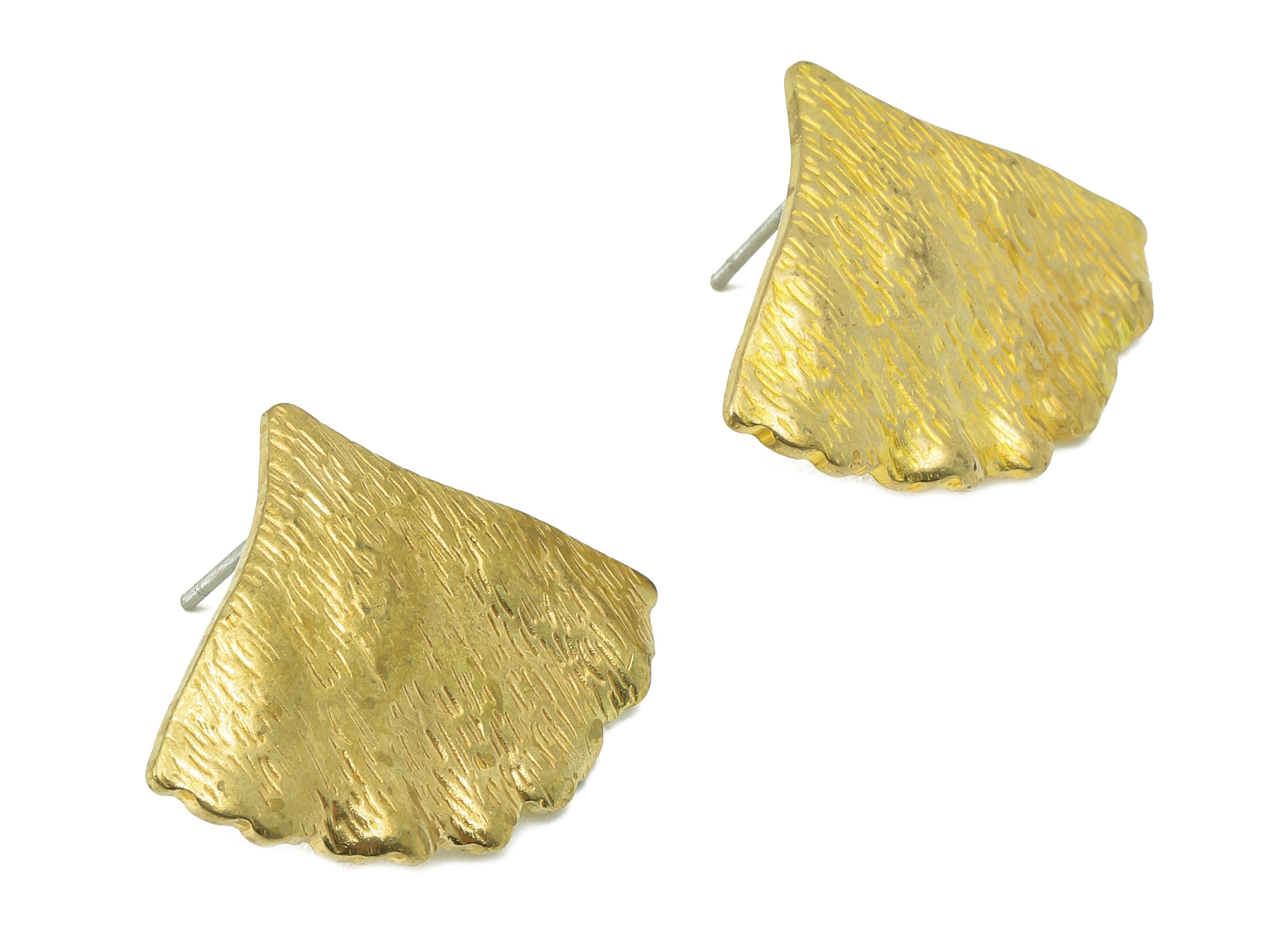 Brass Ginkgo Biloba Leaf Stud Earring - Raw Brass Textured Earring Post With Loop - 316 Stainless Steel Stud - 28.01x21.07x1.19mm - PP8215 - DOMEDBAZAAR