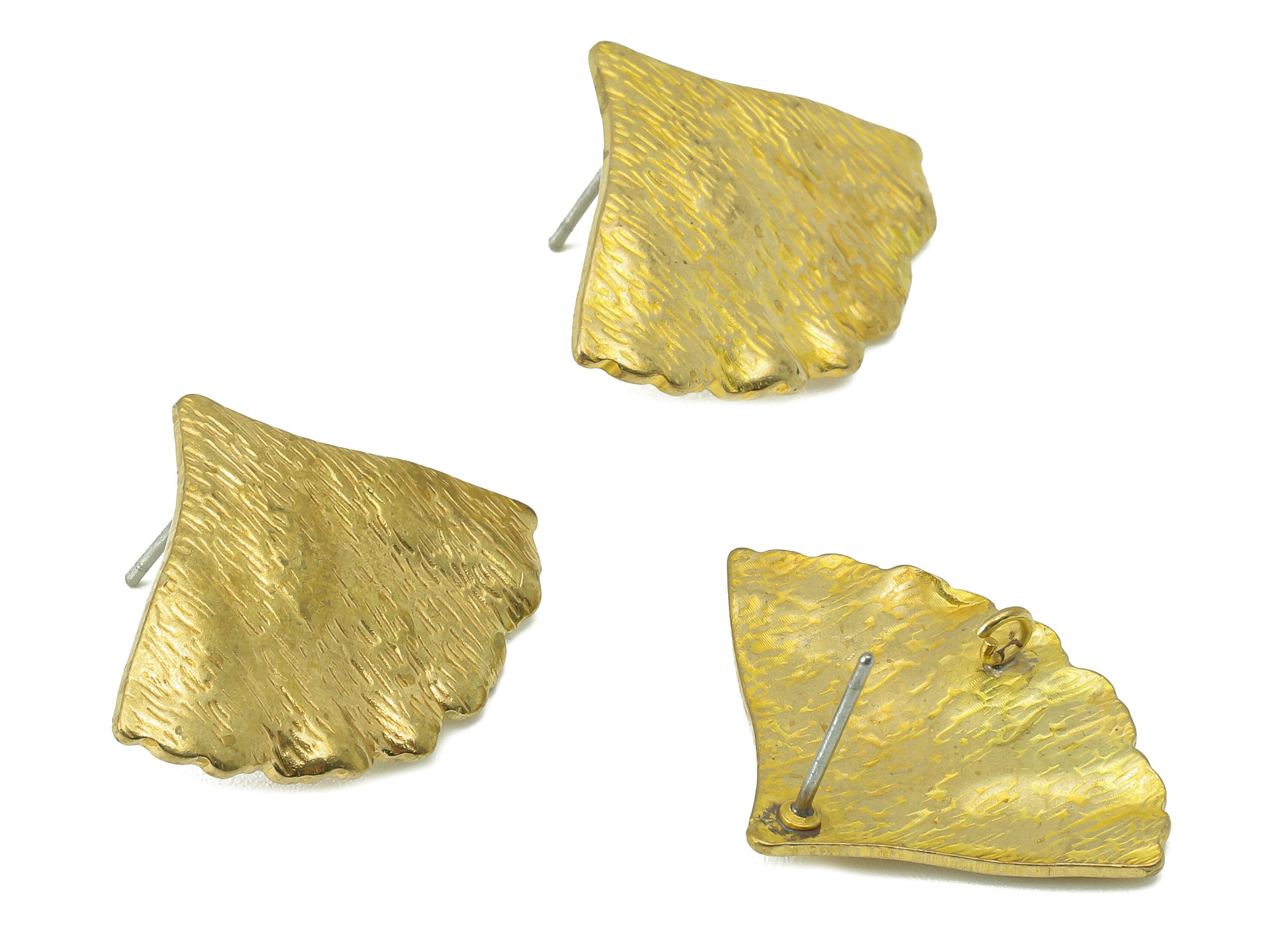 Brass Ginkgo Biloba Leaf Stud Earring - Raw Brass Textured Earring Post With Loop - 316 Stainless Steel Stud - 28.01x21.07x1.19mm - PP8215 - DOMEDBAZAAR
