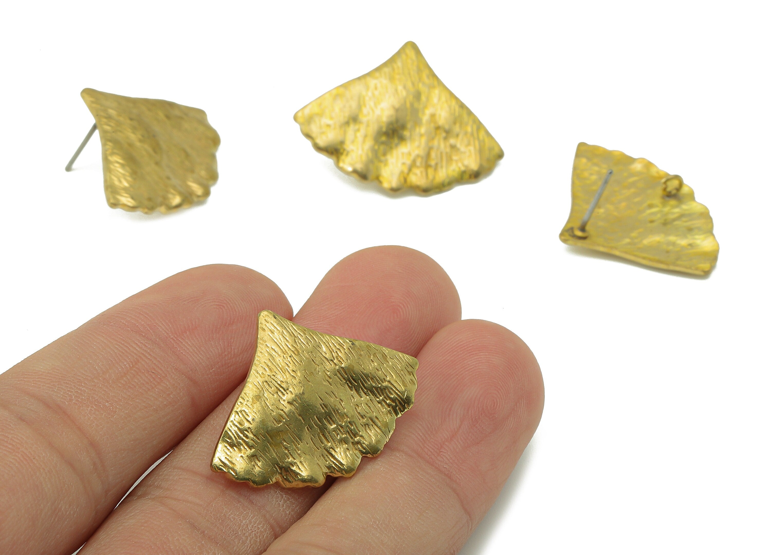 Brass Ginkgo Biloba Leaf Stud Earring - Raw Brass Textured Earring Post With Loop - 316 Stainless Steel Stud - 28.01x21.07x1.19mm - PP8215 - DOMEDBAZAAR