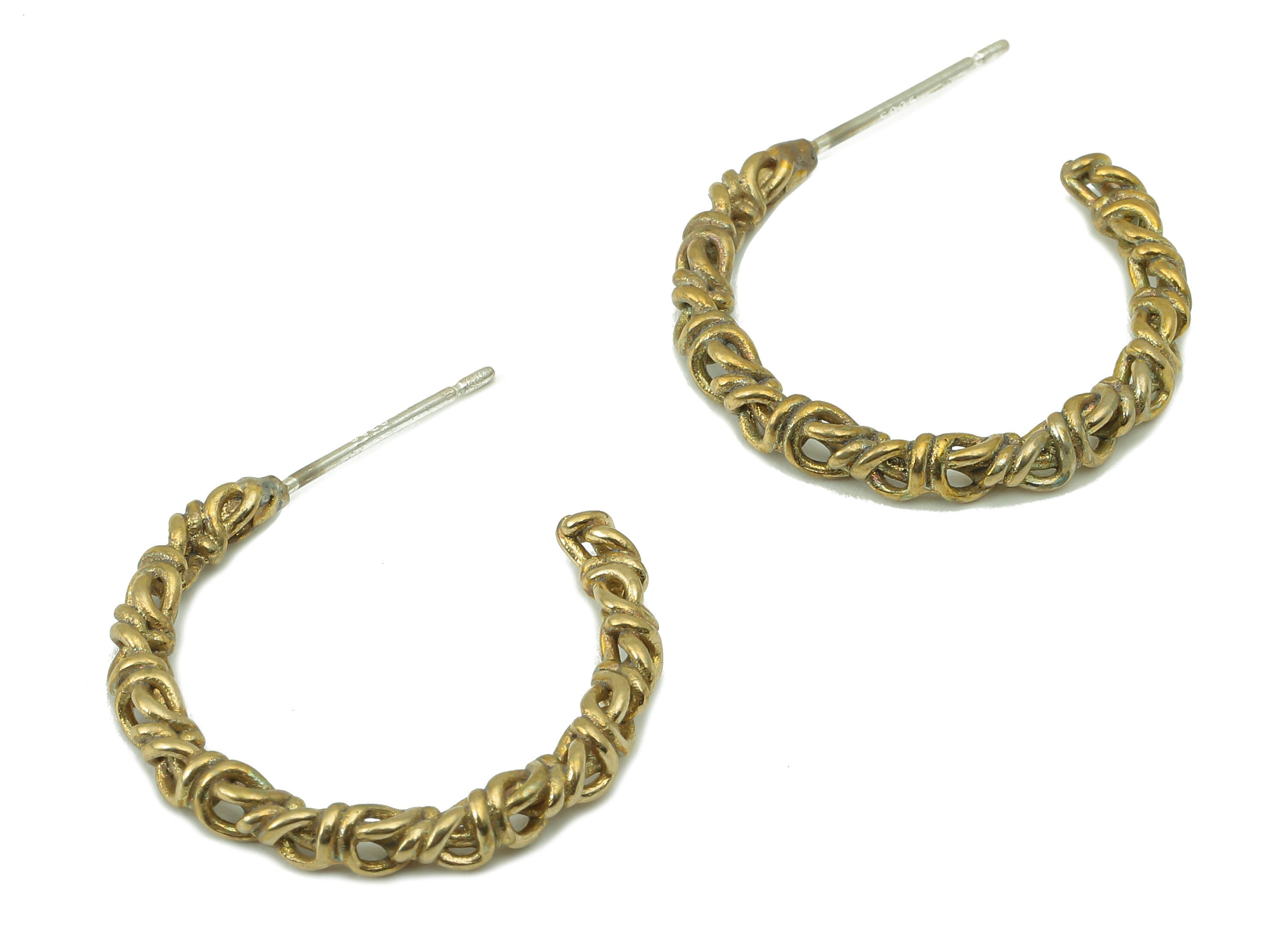 Brass Open Hoop Earring - Raw Brass Rope Texture Earring Post - Twisted Stud Earring - 925 Silver Stud - 26.76x21.97x2.73mm - PP8218 - DOMEDBAZAAR