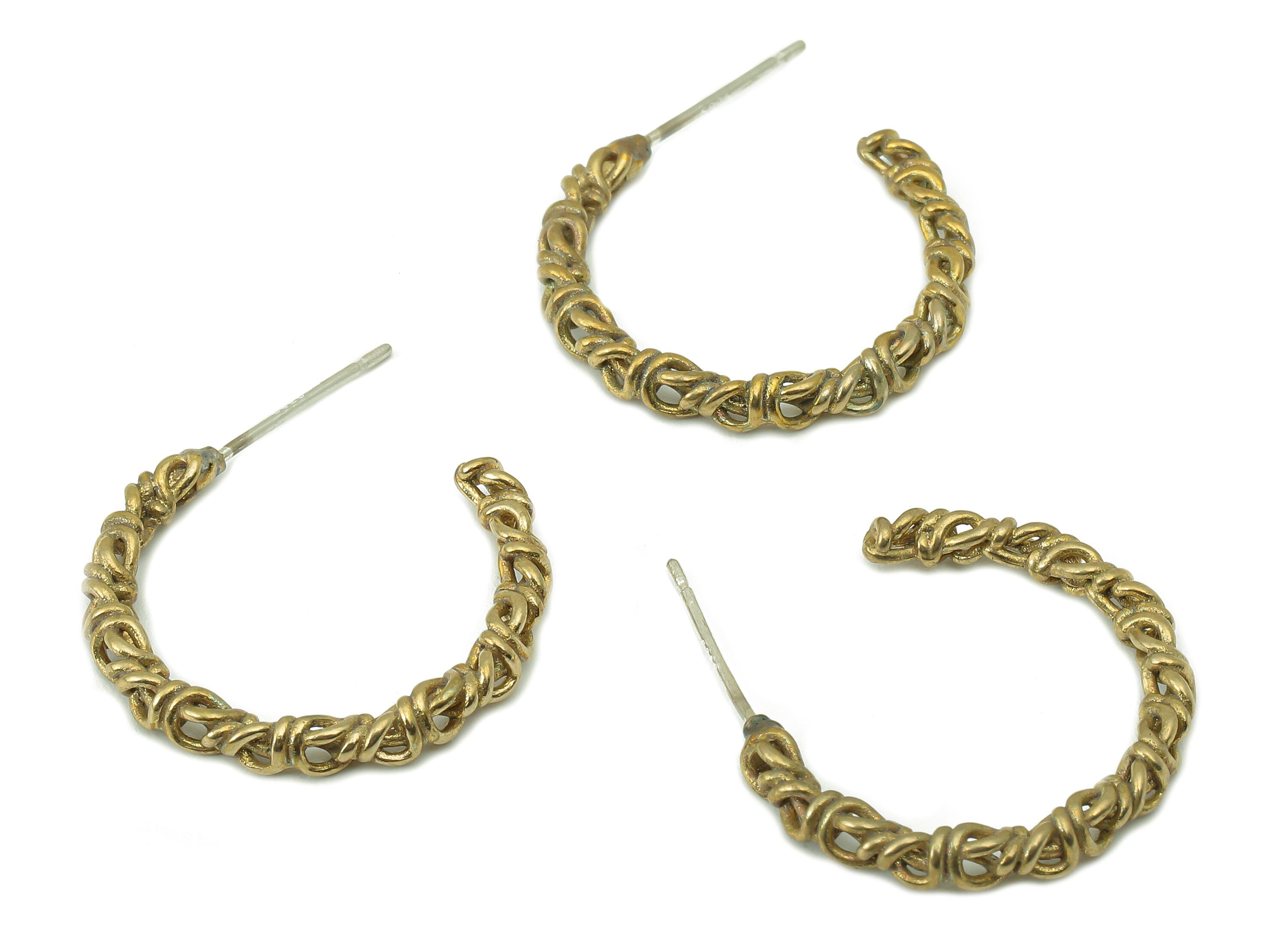 Brass Open Hoop Earring - Raw Brass Rope Texture Earring Post - Twisted Stud Earring - 925 Silver Stud - 26.76x21.97x2.73mm - PP8218 - DOMEDBAZAAR