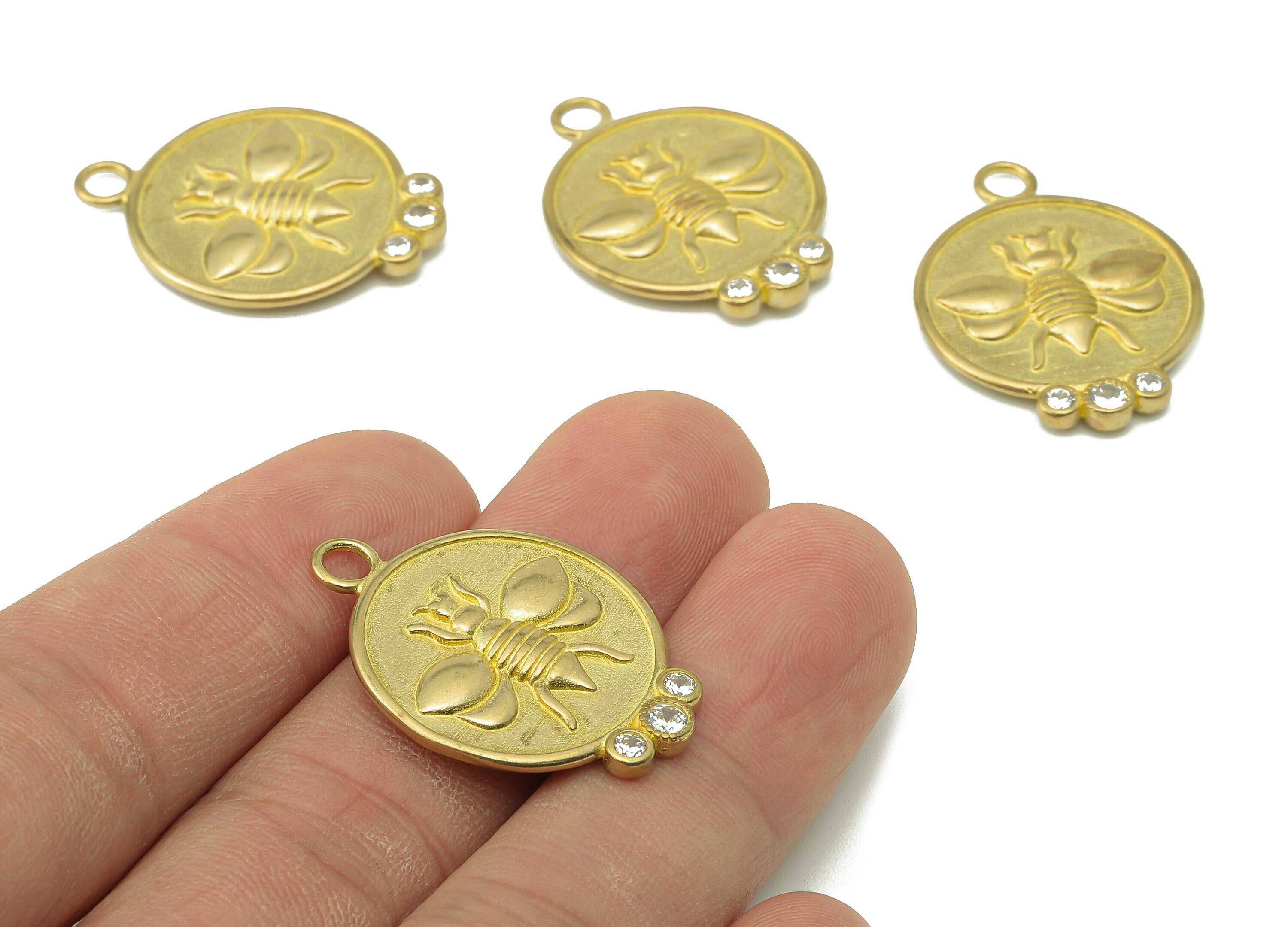 Brass Round Bee Earring Charms - Cubic Zirconia CZ Charms - Raw Brass Circle Bee Pendant With Loop - For Necklace - 30.8x22.8x2.8mm - PP8225 - DOMEDBAZAAR