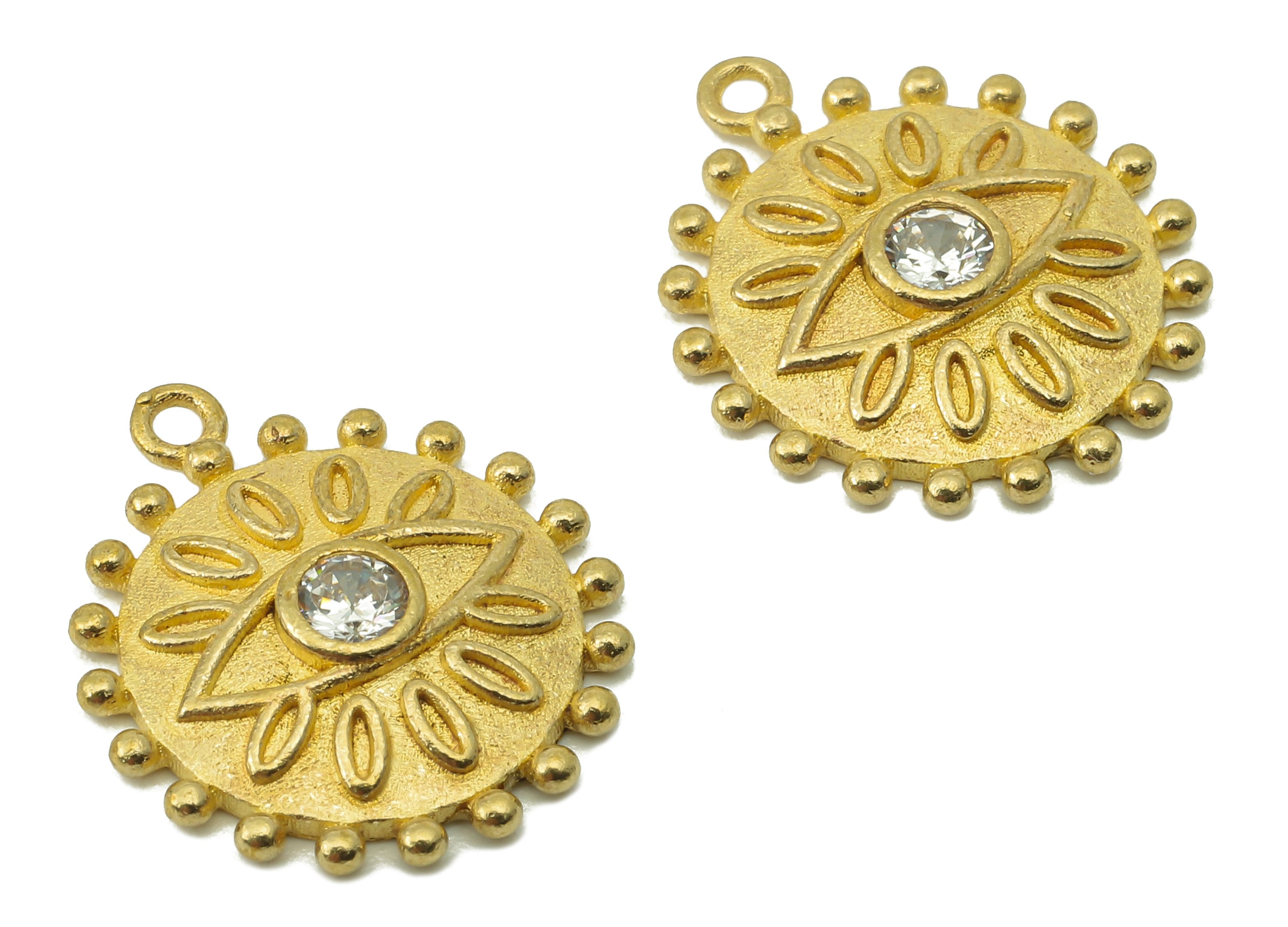Brass Sun Earring Charms - Raw Brass Eye Pendant With Cubic Zirconia CZ - Round Eyelash Charms With Loop - For Necklace - 16x15x2mm -PP8228 - DOMEDBAZAAR