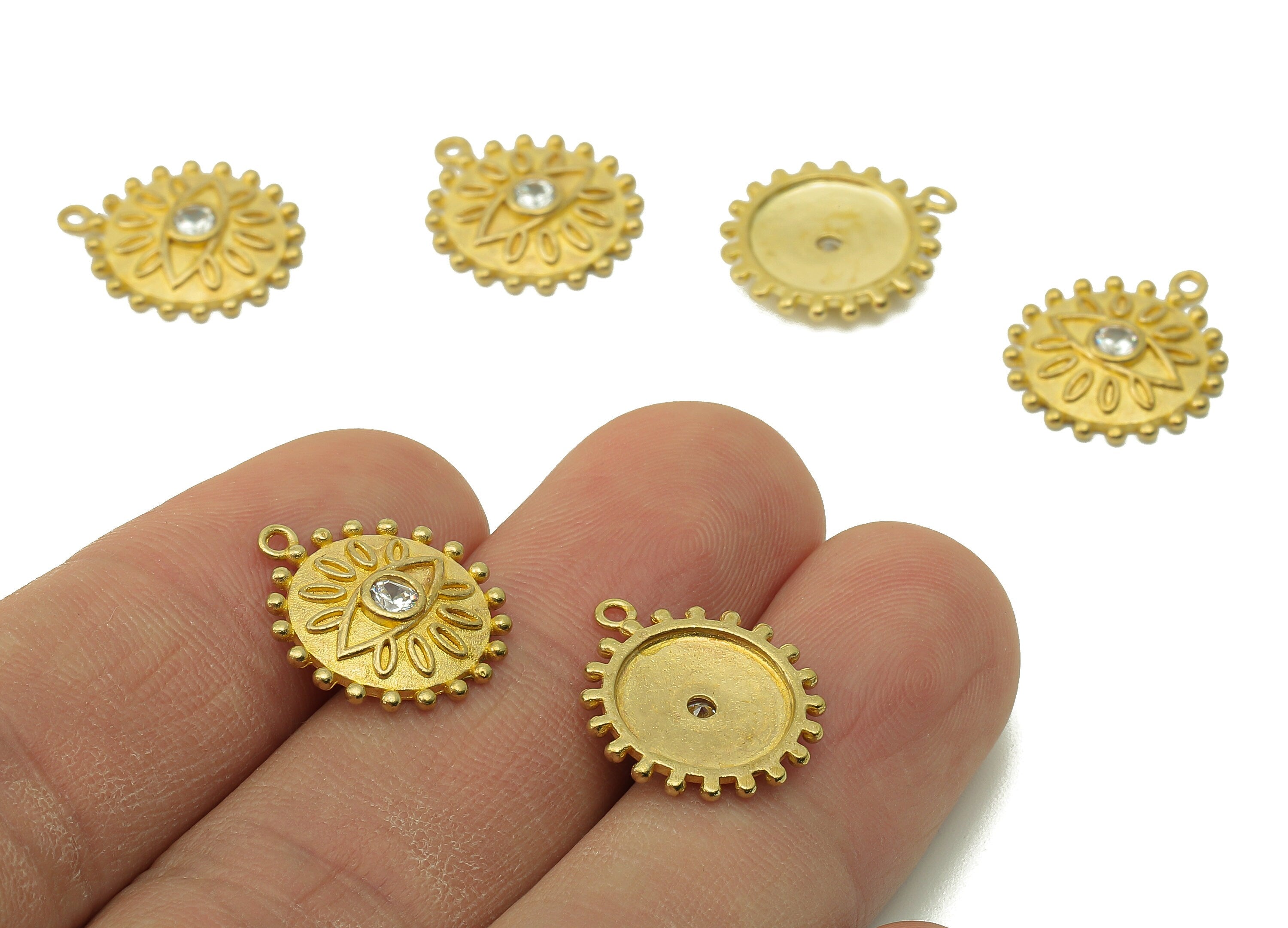 Brass Sun Earring Charms - Raw Brass Eye Pendant With Cubic Zirconia CZ - Round Eyelash Charms With Loop - For Necklace - 16x15x2mm -PP8228 - DOMEDBAZAAR