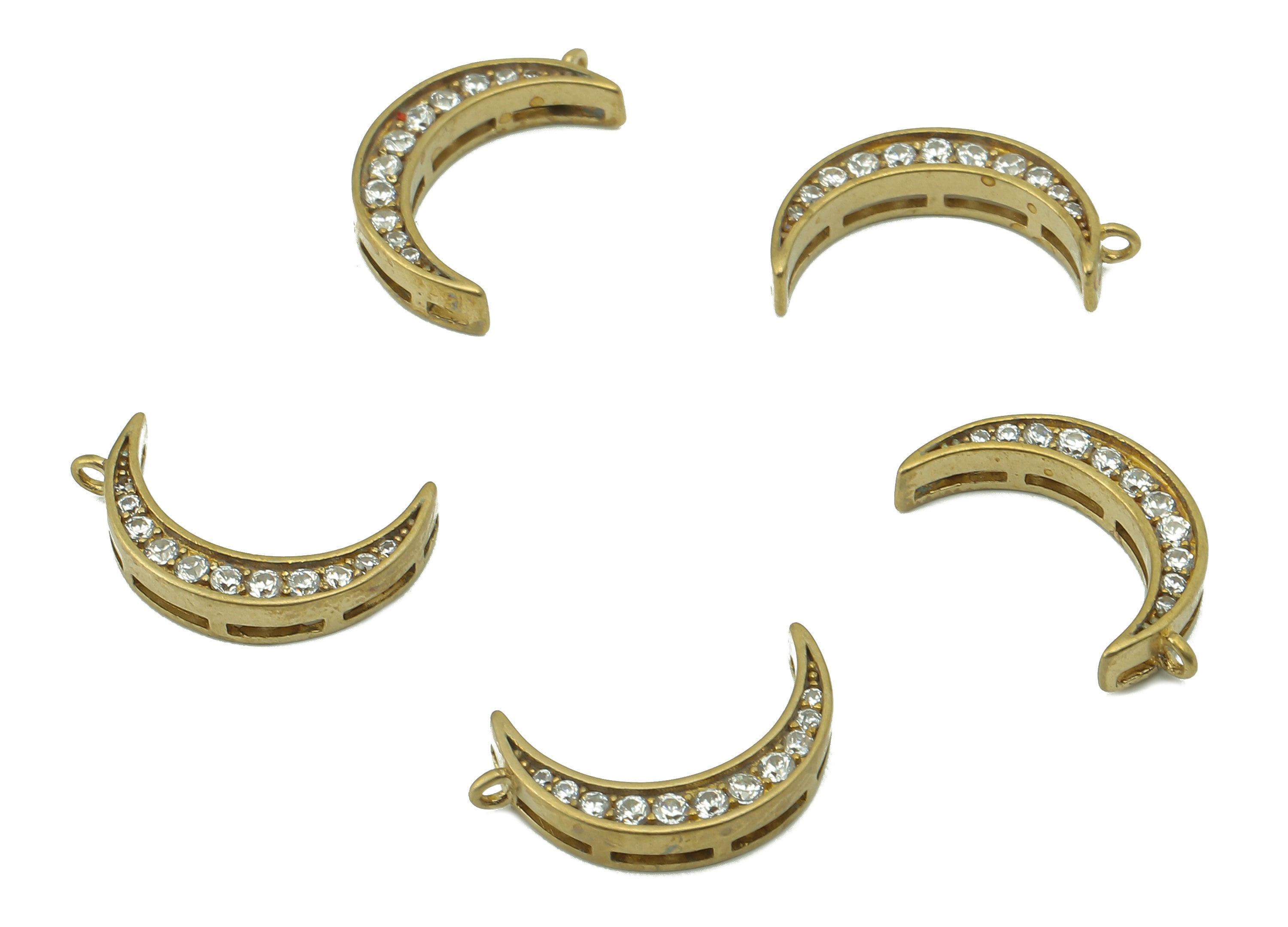 Brass Moon Earring Charms - Raw Brass Moon With Cubic Zirconia CZ - Crescent Pendant With Loop - For Necklace - 15.68x8.9x2.81mm - PP8229 - DOMEDBAZAAR
