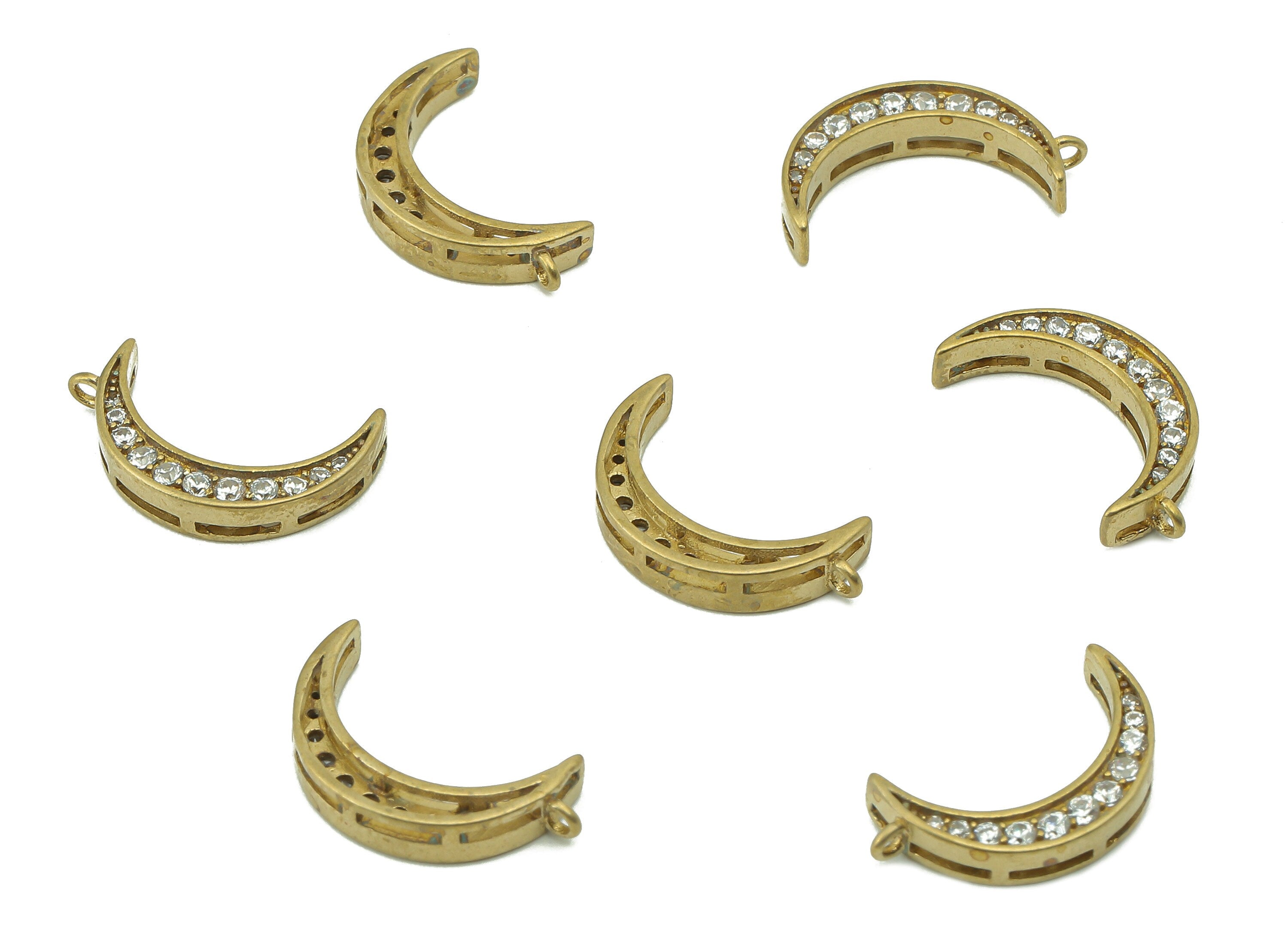 Brass Moon Earring Charms - Raw Brass Moon With Cubic Zirconia CZ - Crescent Pendant With Loop - For Necklace - 15.68x8.9x2.81mm - PP8229 - DOMEDBAZAAR