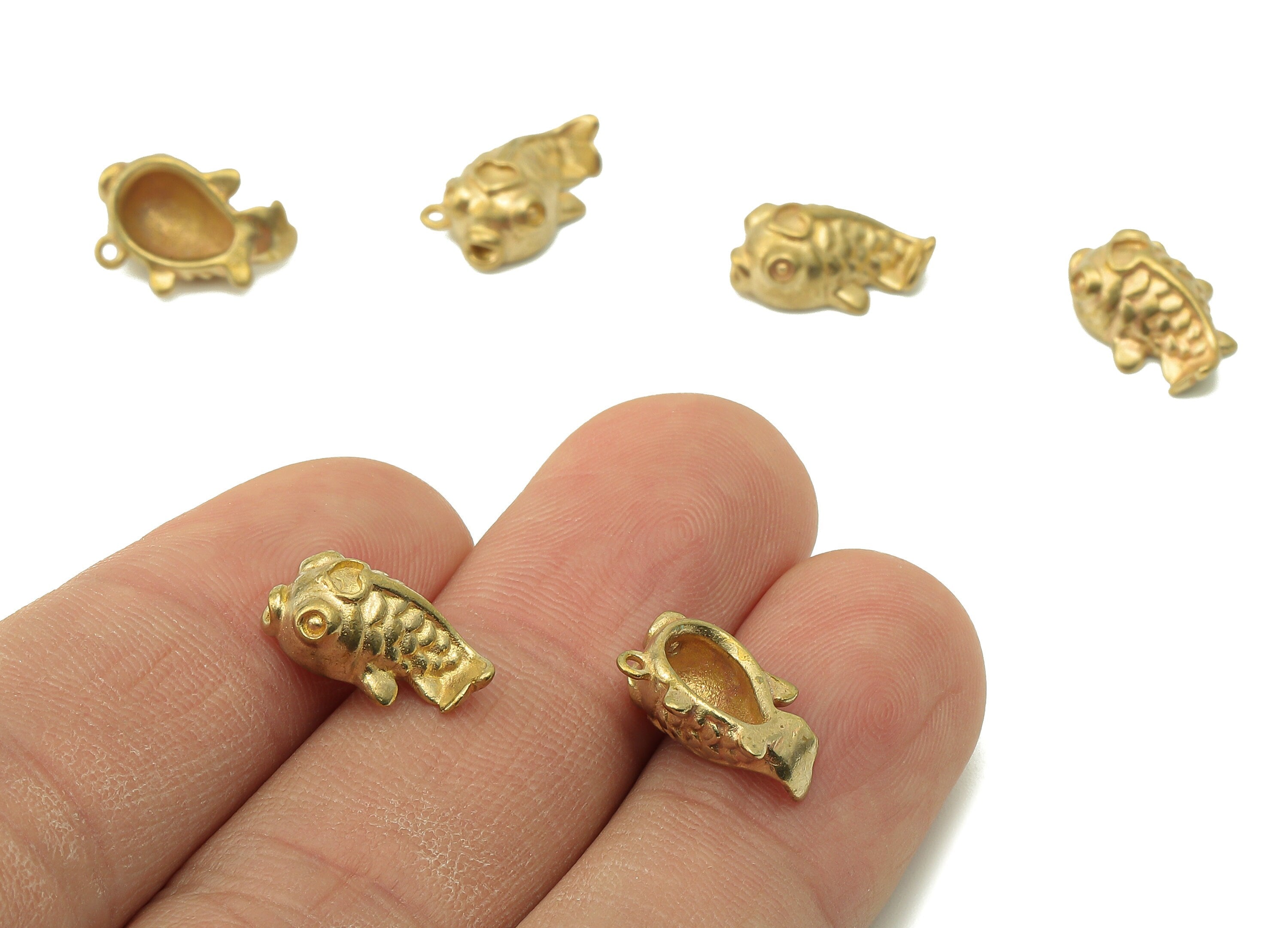 Brass Fat Cute Fish Earring Charms - Raw Brass Fish Pendant With Loop - Fish Charms - For Necklace - 13.8x9.04x1.6mm - PP8239 - DOMEDBAZAAR