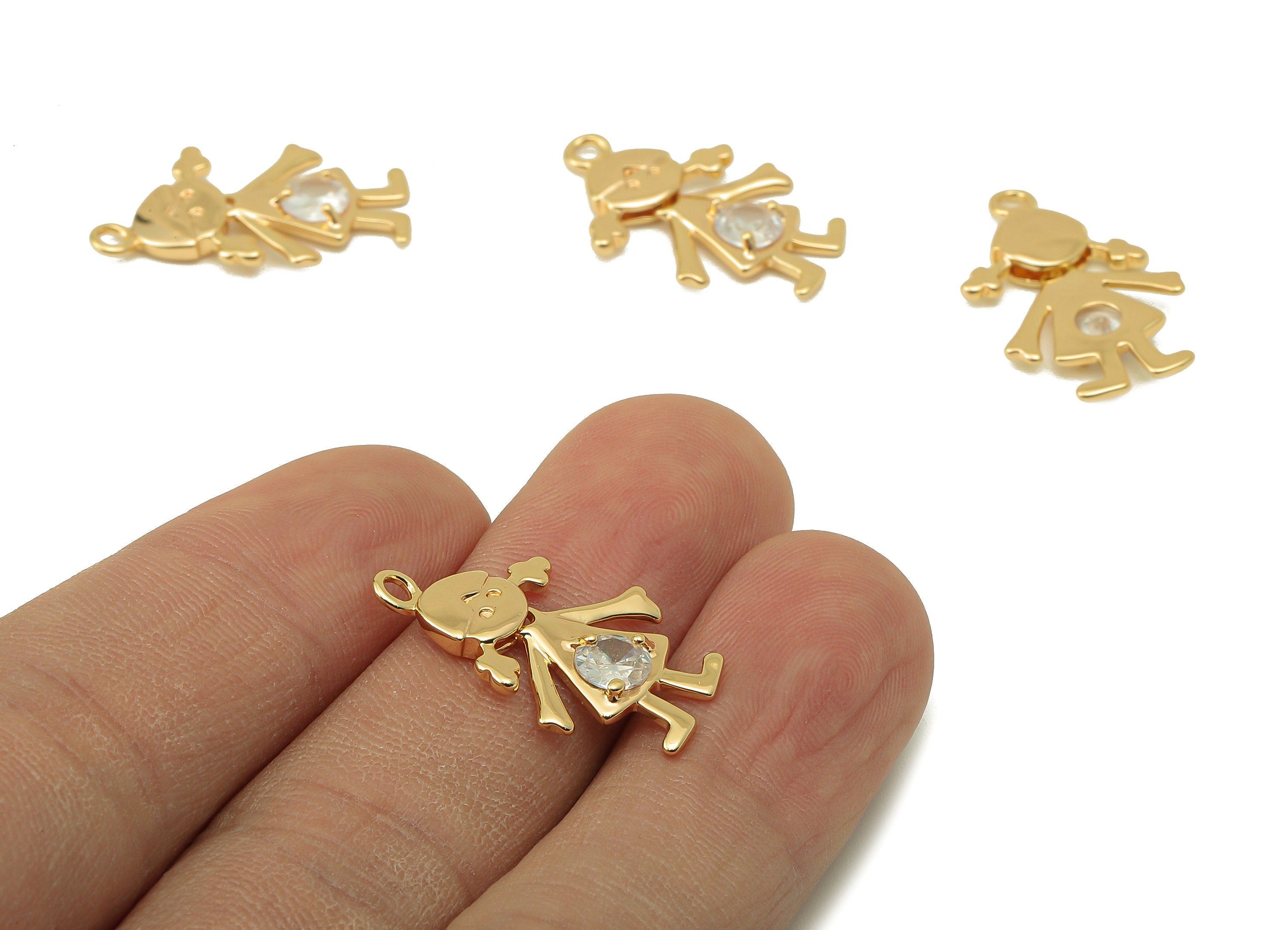 Brass Girl Earring Charm - Shake Body Cubic Zirconia CZ Charm - Little Girl Pendant With Loop-18K Real Gold Plating-24x14.43x2.57mm- RGP5830 - DOMEDBAZAAR