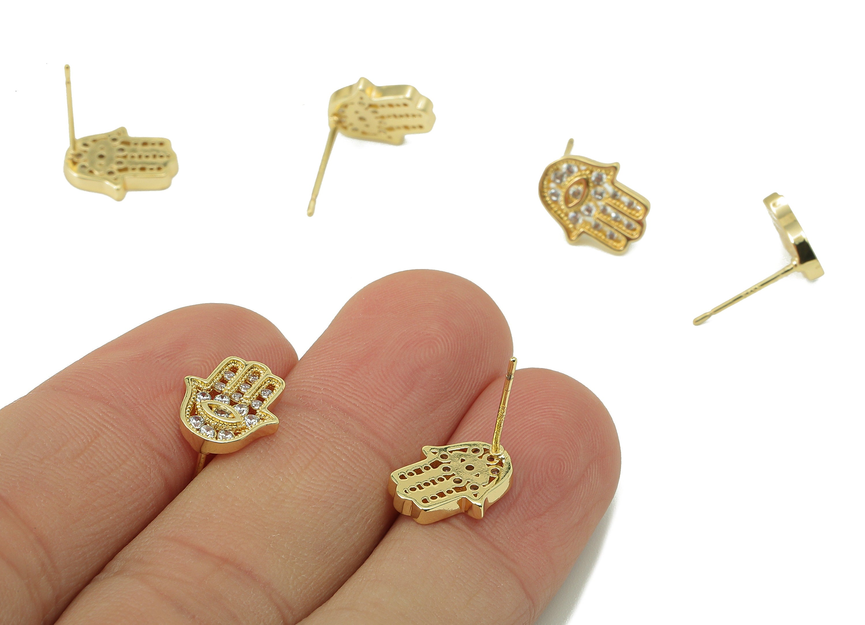 Brass Hamsa Stud Earring -Evil Eye Cubic Zirconia CZ Stud - Solid Gold mini Hamsa Earrings - 18K Real Gold Plating -12.06x9.97x1.7mm-RGP5833 - DOMEDBAZAAR