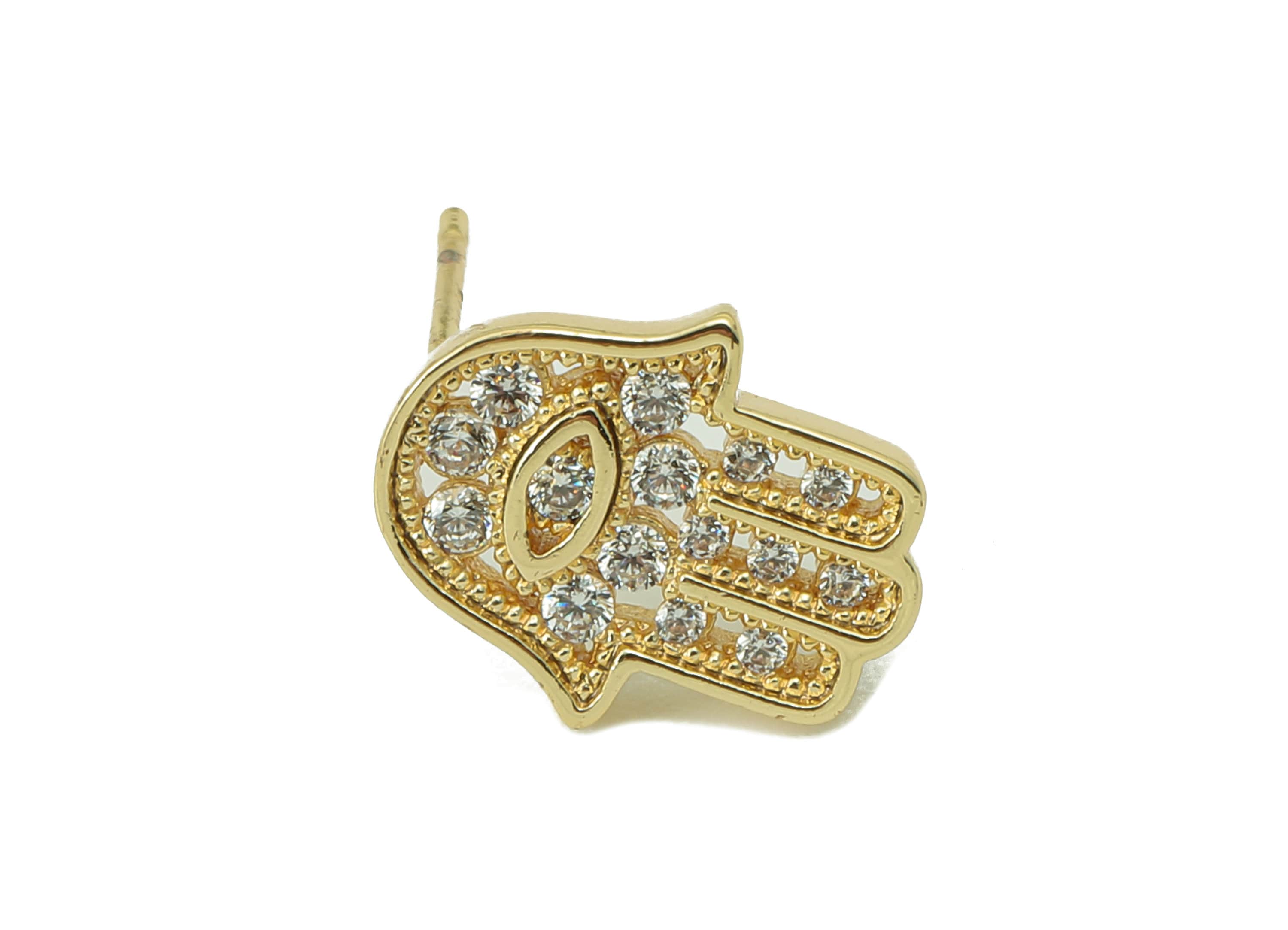 Brass Hamsa Stud Earring -Evil Eye Cubic Zirconia CZ Stud - Solid Gold mini Hamsa Earrings - 18K Real Gold Plating -12.06x9.97x1.7mm-RGP5833 - DOMEDBAZAAR