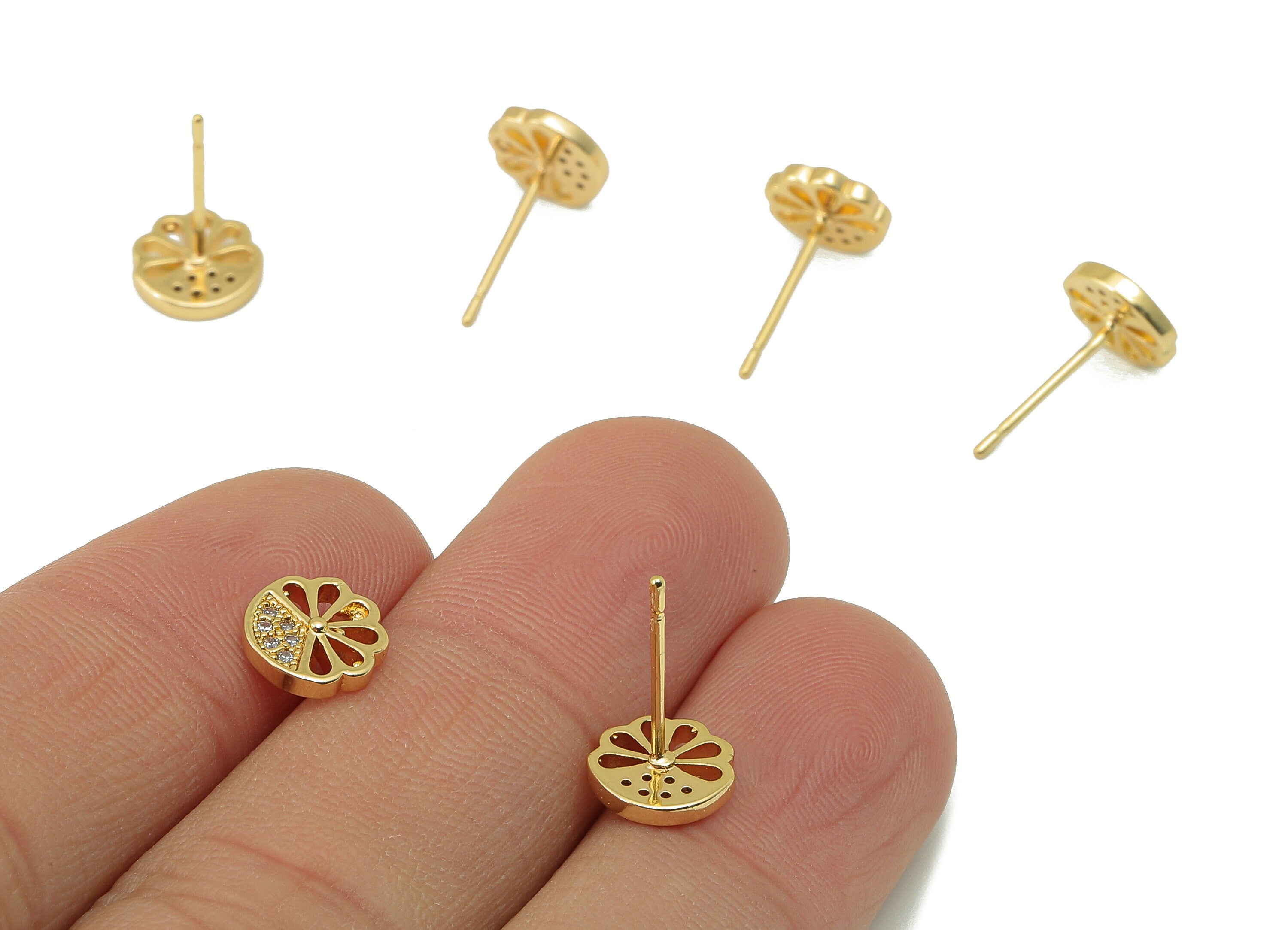 Brass Flower Stud Earring -Brass Flower Cubic Zirconia Earring Stud - CZ Earrings Stud - 18K Real Gold Plating -8.08x 8.08x1.5mm- RGP5835 - DOMEDBAZAAR