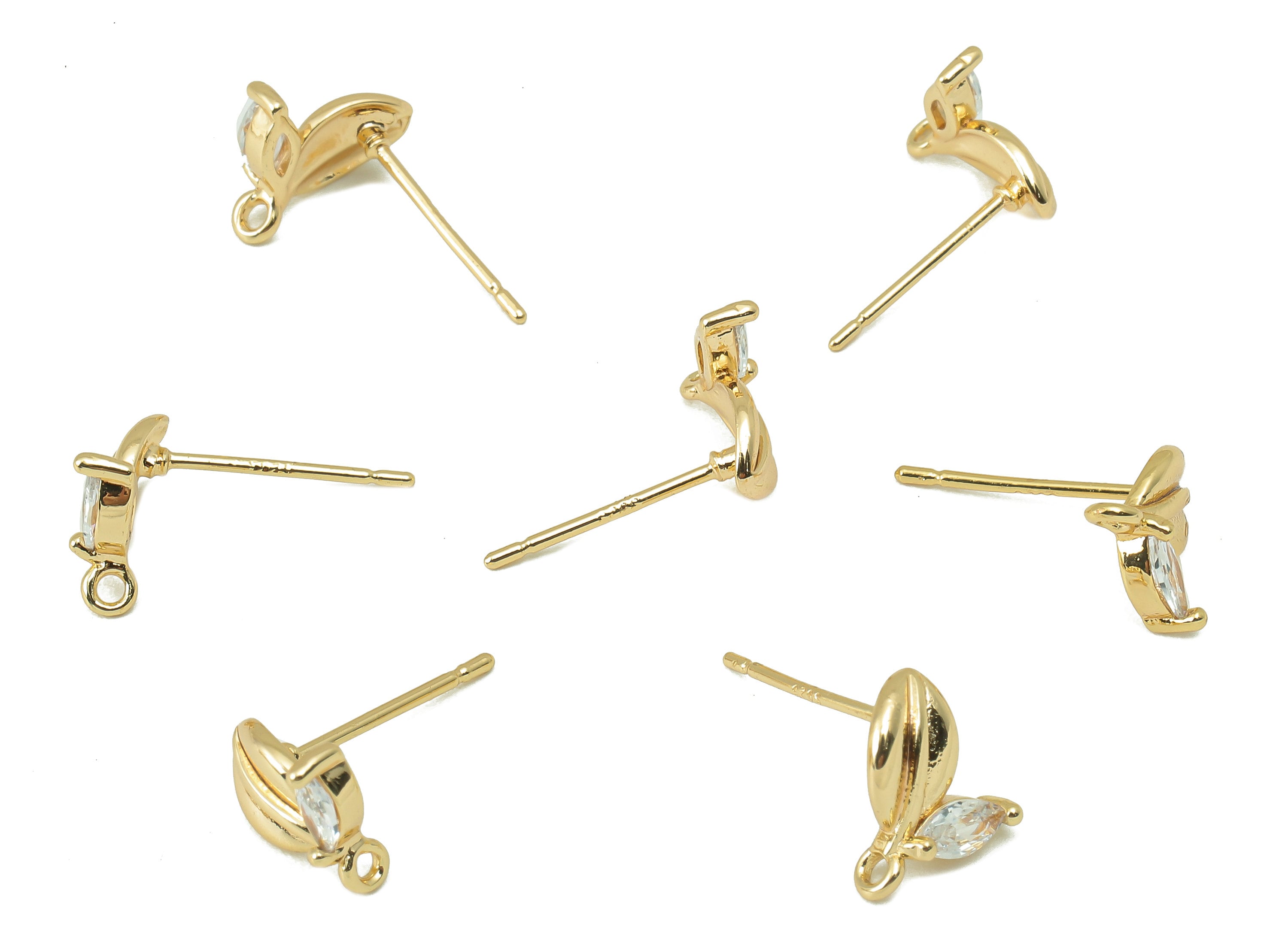 Brass Laef Stud Earring -Brass Leaf With Marquies CZ - Cubic Zirconia Stud With Loop - 18K Real Gold Plating -8.08x 8.08x1.5mm- RGP5836 - DOMEDBAZAAR