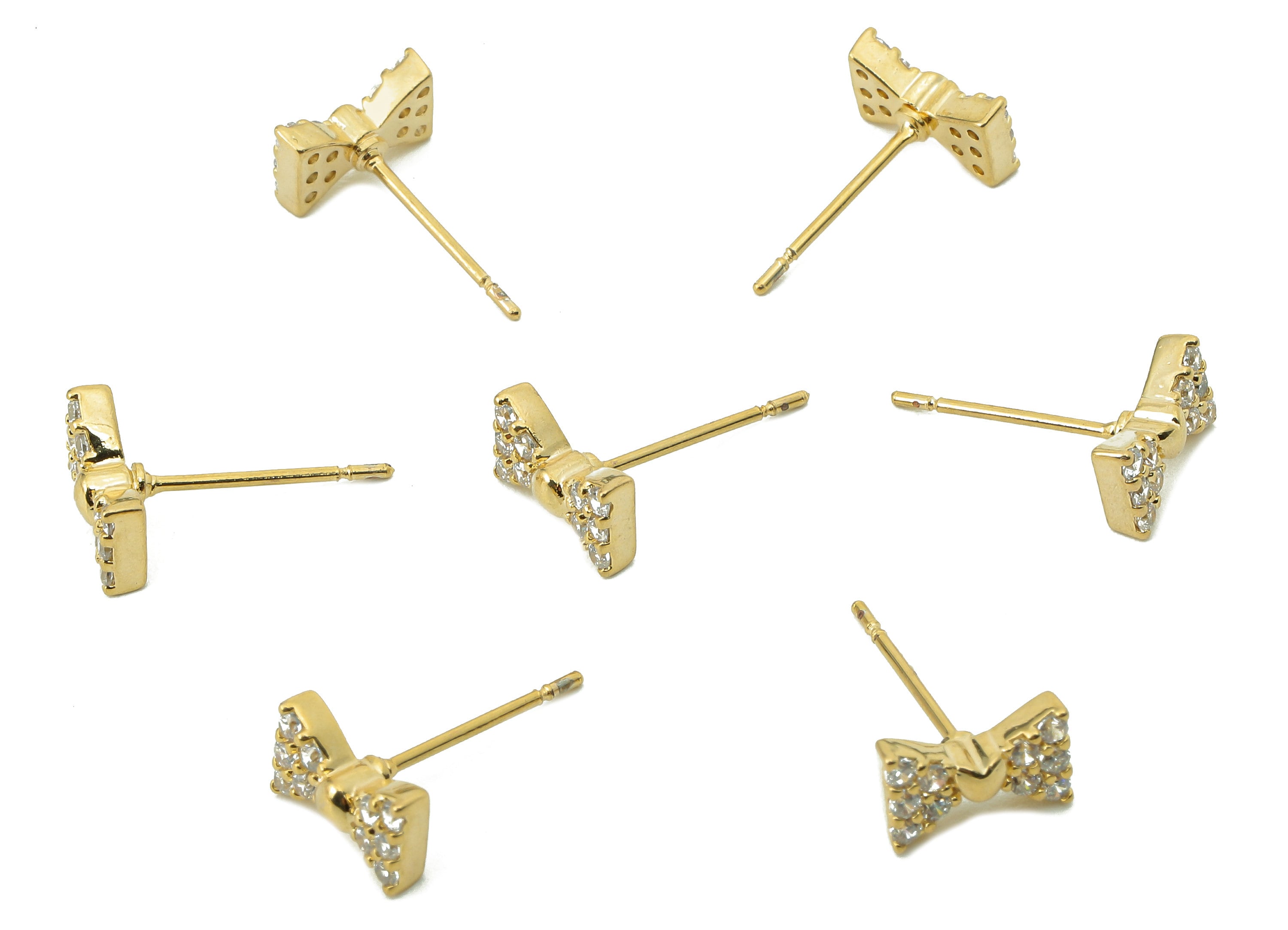 Brass Butterfly Bow Earring Post-Brass Mini Heart Cubic Zirconia Dickey Stud - Bowtie CZ Stud-18K Real Gold Plating-8.86x5.57x2.26mm-RGP5837 - DOMEDBAZAAR