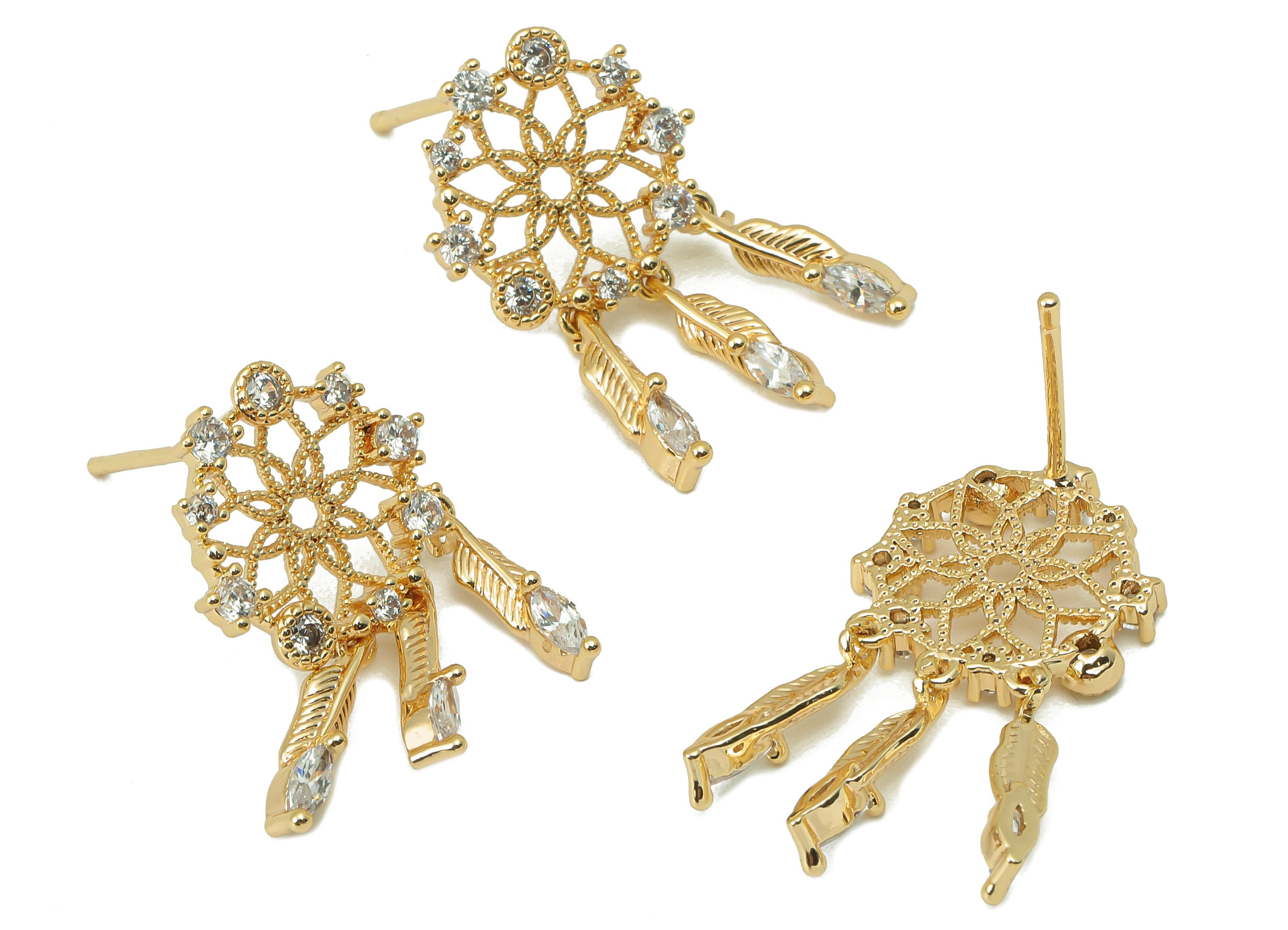 Brass Round Flower Earring Post -Brass Hanging Feather with Feathers Stud - CZ Stud Earring -18K Real Gold Plating-10.09x9.74x4.12mm-RGP5839 - DOMEDBAZAAR