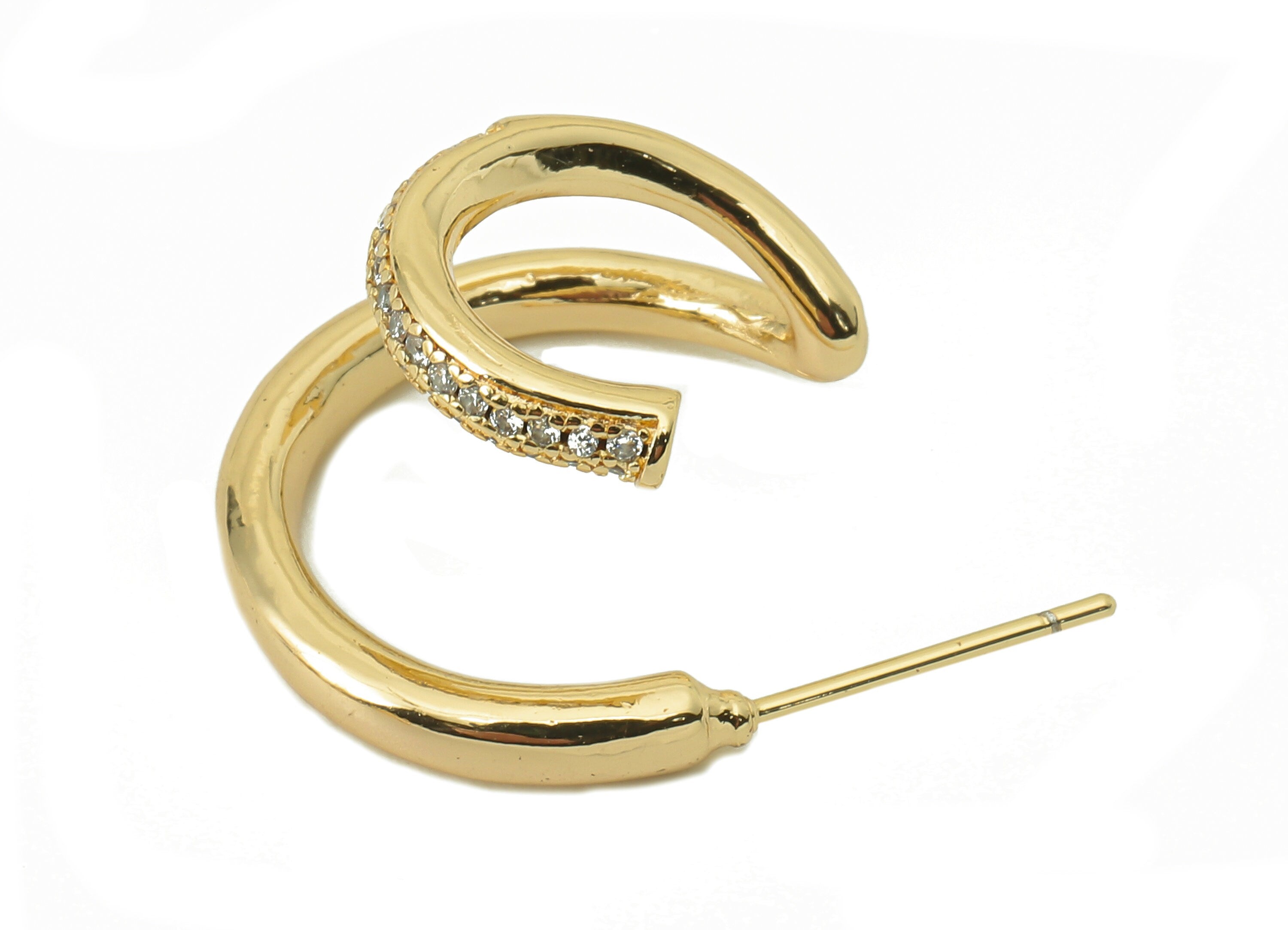 Brass C Hoop Earring Post -Brass Open Round C With Zircon Stud - CZ Stud Earring - 18K Real Gold Plating -25.53x 19.83x 2.38mm-RGP5842 - DOMEDBAZAAR