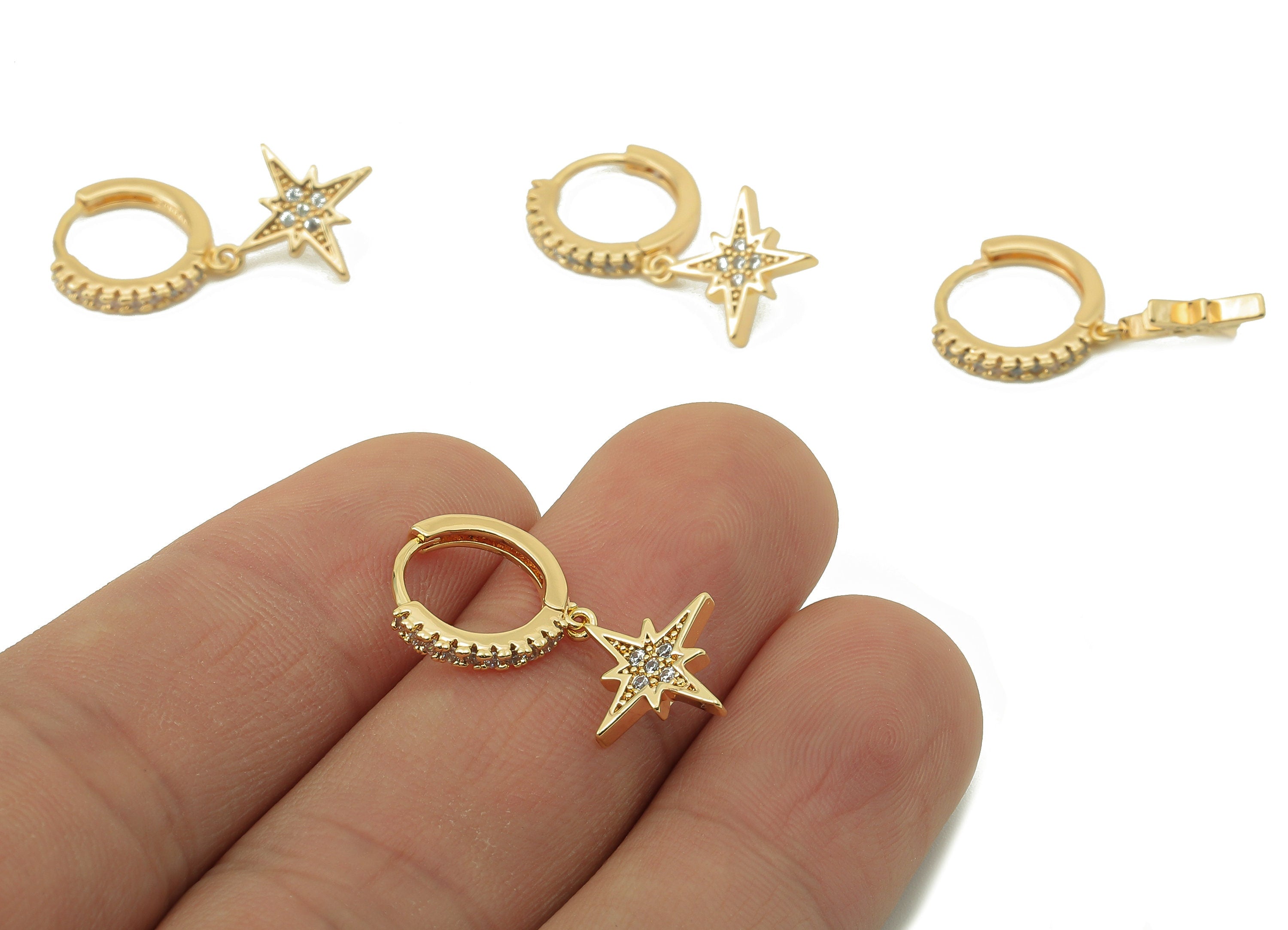 Brass North Star Hoop Earring Clasp - Huggie Hoop Earring -Clasp Earring Hoop Star Earring - 18K Real Gold Plating-24.7x12.69x1.79mm-RGP5845 - DOMEDBAZAAR