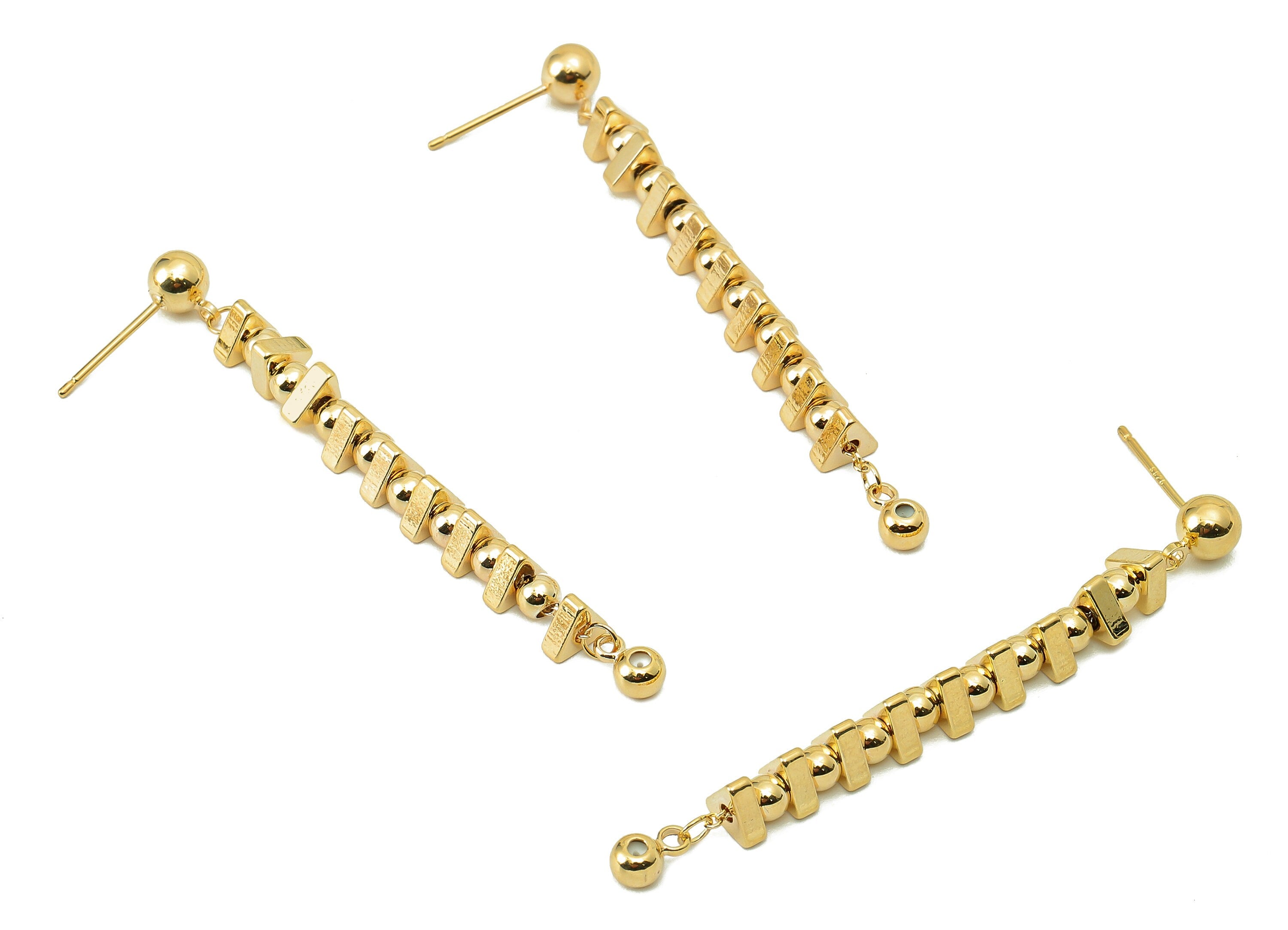 Brass Round beads Earring Post-Brass Triangle Bead Chain Earring Stud - Hanging Beads Earring-18K Real Gold Plating-58.5x5.31x5.03mm-RGP5850 - DOMEDBAZAAR