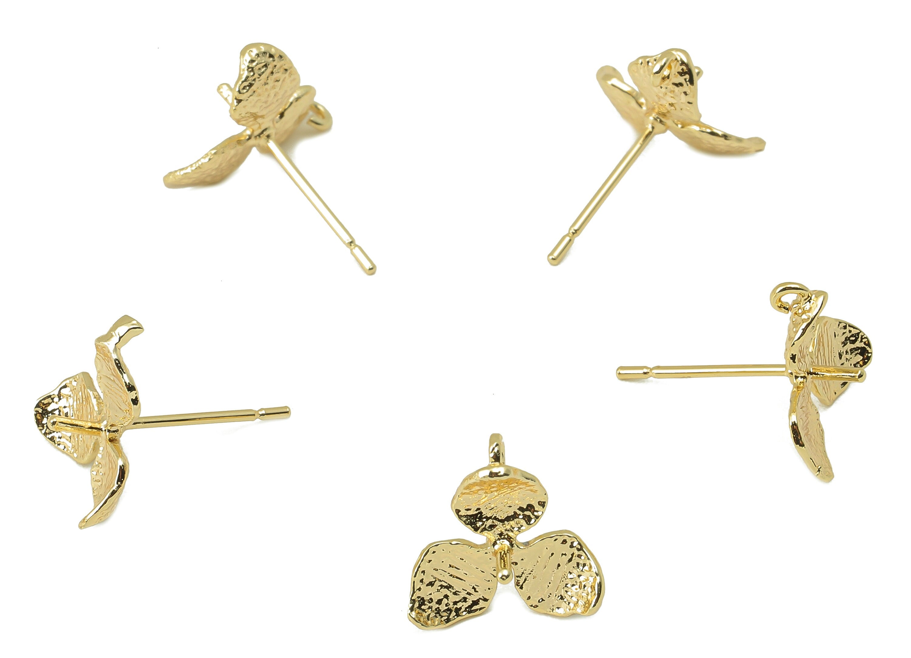 Brass Flower Earring Post -Brass Hammered Stud Earring For Pearls- Stud With Loop - 18K Real Gold Plating -11.8x 10.85x 1.08mm-RGP5851 - DOMEDBAZAAR